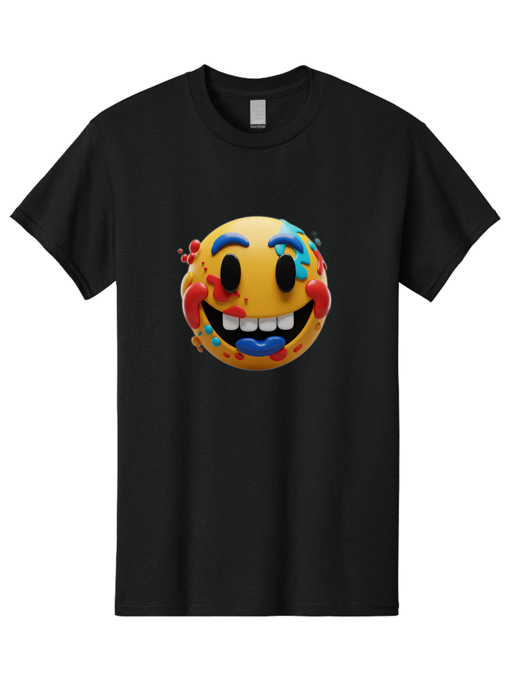 Splattered-Emoji Men'S Graphic Tee, 100% Cotton, Comfortable Casual Summer Wear, Machine Washable, 3D Smiley Face, Cartoon Character, Happy Expression, Vibrant Colors, Paint Splatters, Funny Emoji, Playful Design, Yellow Face, Blue Eyebrows, Bae775