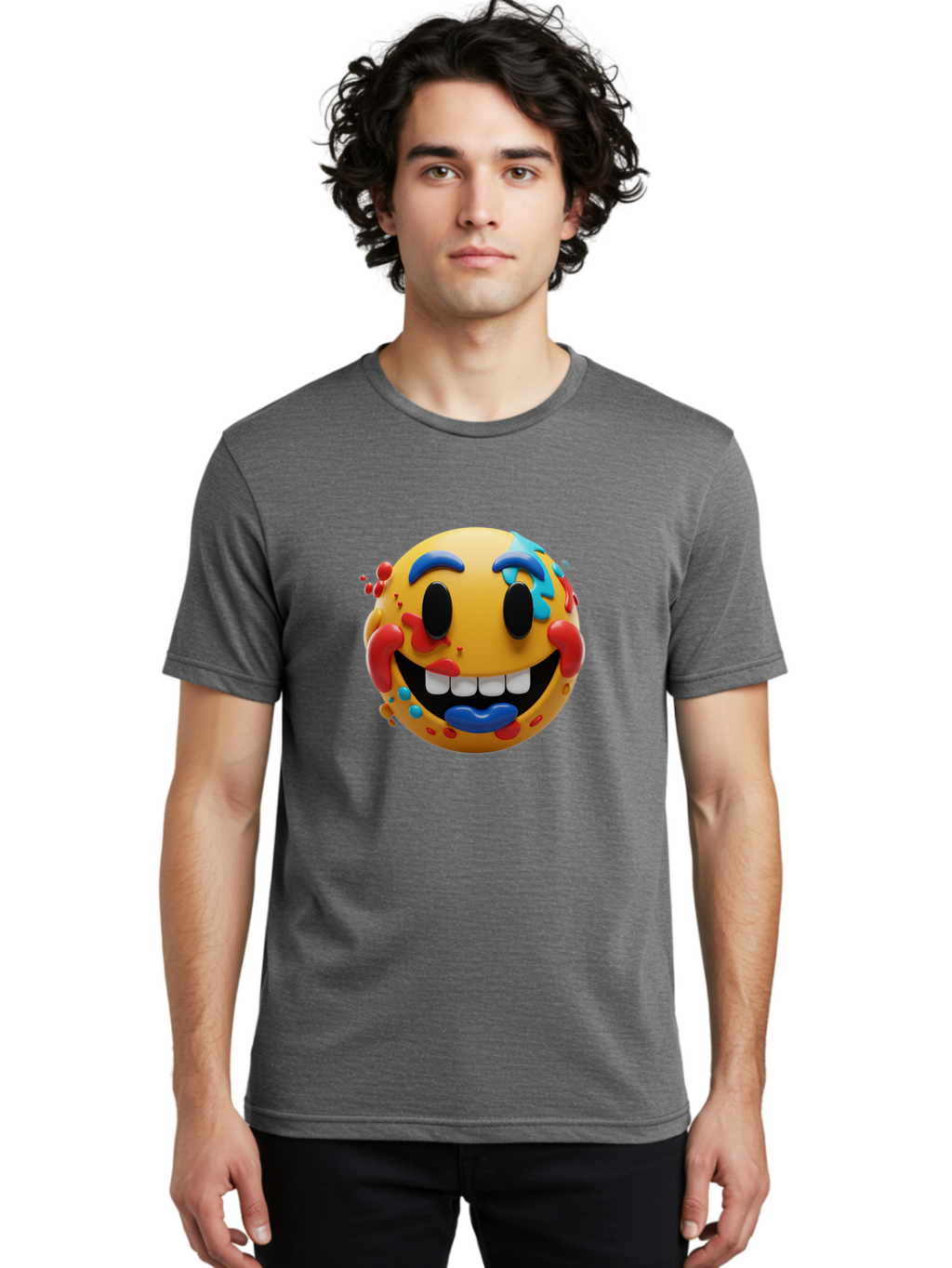 Splattered-Emoji Men'S Graphic Tee, 100% Cotton, Comfortable Casual Summer Wear, Machine Washable, 3D Smiley Face, Cartoon Character, Happy Expression, Vibrant Colors, Paint Splatters, Funny Emoji, Playful Design, Yellow Face, Blue Eyebrows, Bae775
