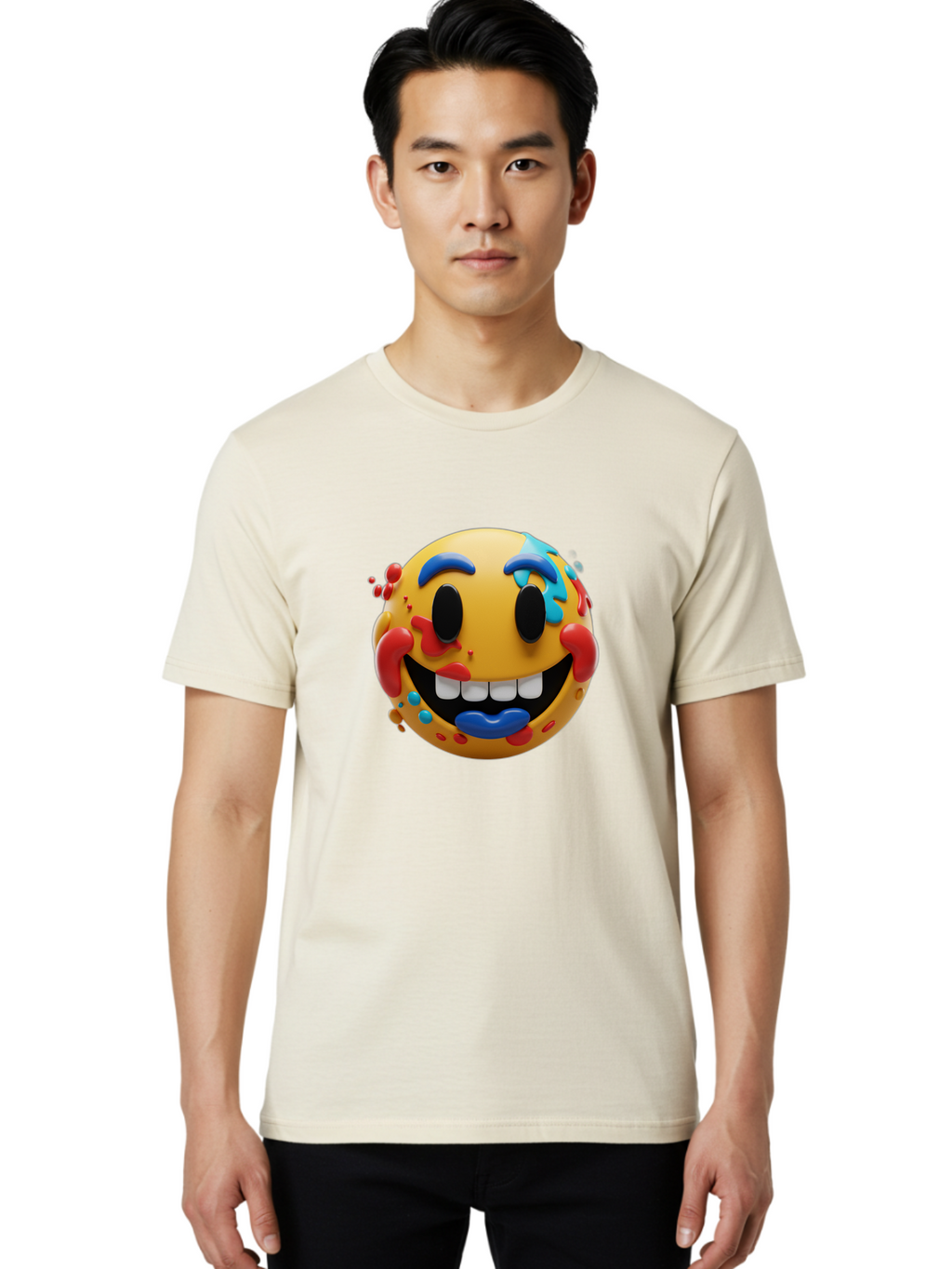 Splattered-Emoji Men'S Graphic Tee, 100% Cotton, Comfortable Casual Summer Wear, Machine Washable, 3D Smiley Face, Cartoon Character, Happy Expression, Vibrant Colors, Paint Splatters, Funny Emoji, Playful Design, Yellow Face, Blue Eyebrows, Bae775