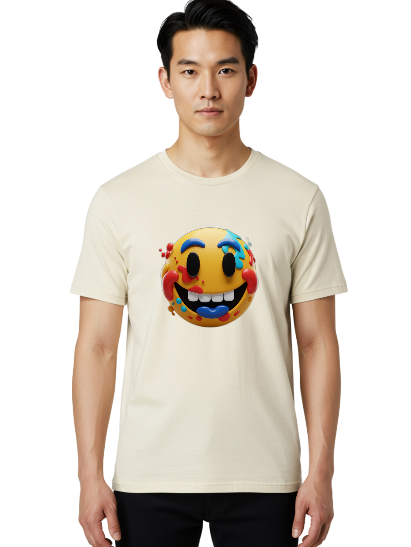 Splattered-Emoji Men'S Graphic Tee, 100% Cotton, Comfortable Casual Summer Wear, Machine Washable, 3D Smiley Face, Cartoon Character, Happy Expression, Vibrant Colors, Paint Splatters, Funny Emoji, Playful Design, Yellow Face, Blue Eyebrows, Bae775