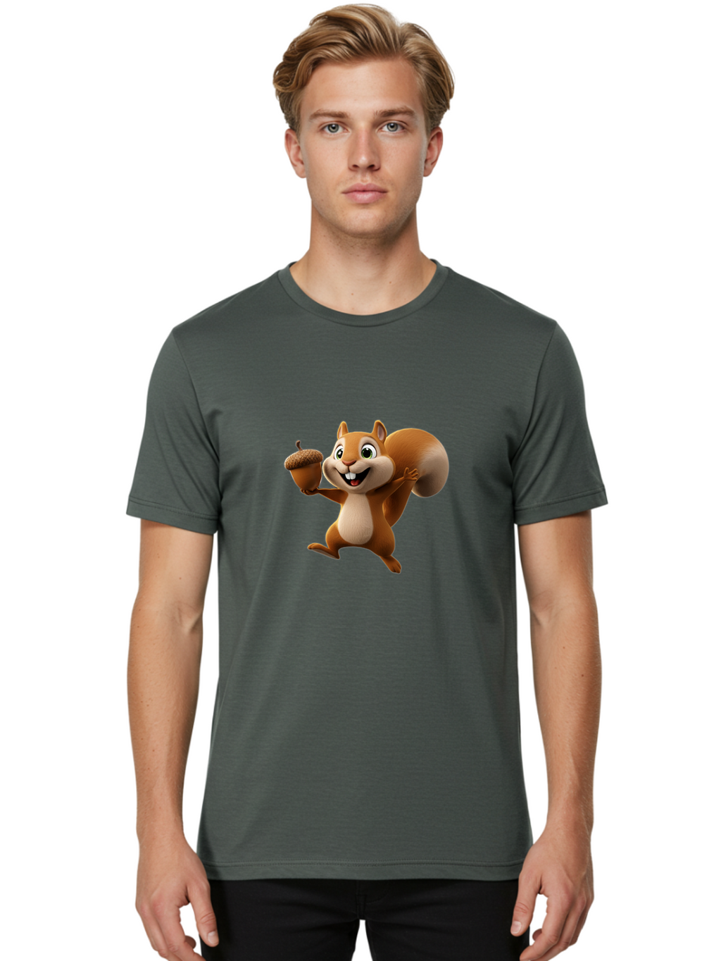 Squirrel-With-Acorn Men'S Graphic Tee, 100% Cotton, Comfortable Casual Summer Wear, Machine Washable, Cartoon Squirrel, Happy Squirrel, Acorn, Forest Animal, Cute Cartoon Character, Squirrel Character, Funny Squirrel, Squirrel Graphics Bae776