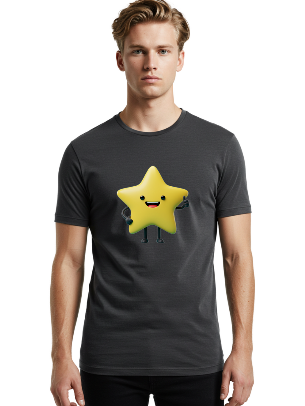 Star-Character-1 Men'S Graphic Tee, 100% Cotton, Comfortable Casual Summer Wear, Machine Washable, Smiling Star Character, Cartoon Star, 3D Illustration, Happy Face, Cute Character Design, Yellow Star, Star With Arms And Legs, Funny Graphics, Bae777