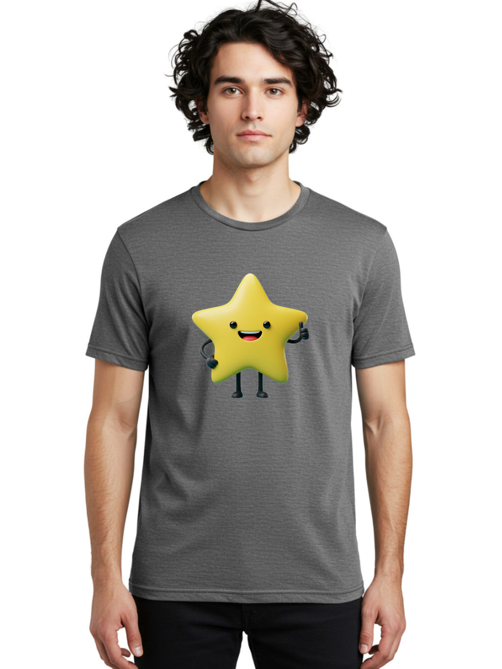 Star-Character-1 Men'S Graphic Tee, 100% Cotton, Comfortable Casual Summer Wear, Machine Washable, Smiling Star Character, Cartoon Star, 3D Illustration, Happy Face, Cute Character Design, Yellow Star, Star With Arms And Legs, Funny Graphics, Bae777