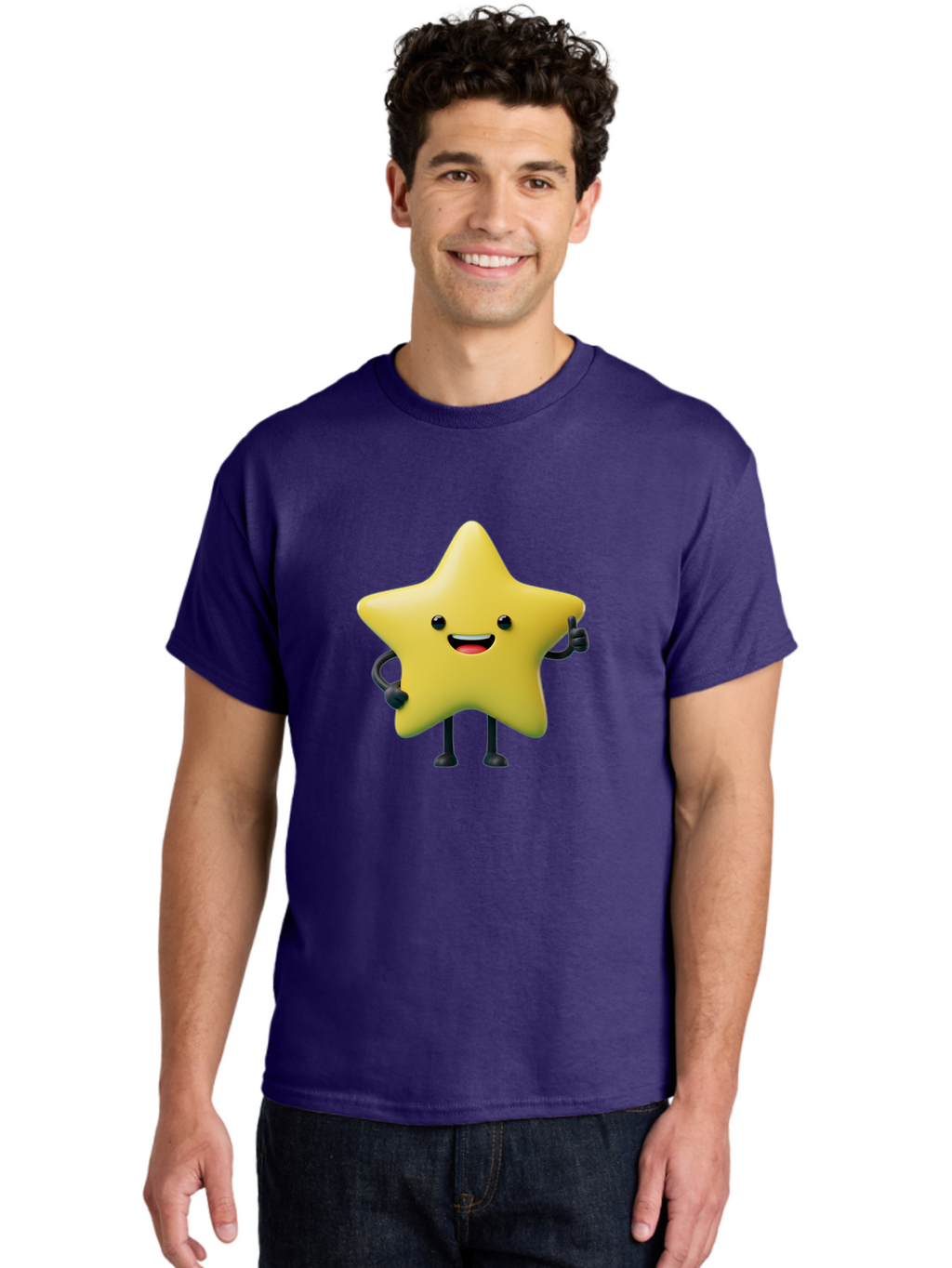 Star-Character-1 Men'S Graphic Tee, 100% Cotton, Comfortable Casual Summer Wear, Machine Washable, Smiling Star Character, Cartoon Star, 3D Illustration, Happy Face, Cute Character Design, Yellow Star, Star With Arms And Legs, Funny Graphics, Bae777