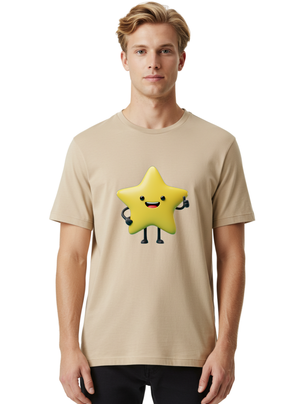Star-Character-1 Men'S Graphic Tee, 100% Cotton, Comfortable Casual Summer Wear, Machine Washable, Smiling Star Character, Cartoon Star, 3D Illustration, Happy Face, Cute Character Design, Yellow Star, Star With Arms And Legs, Funny Graphics, Bae777