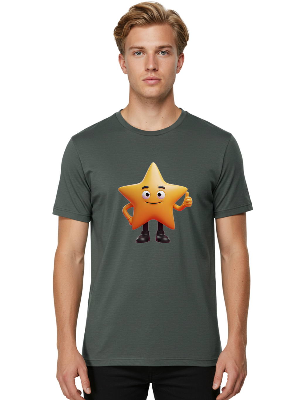 Star-Character-2 Men'S Graphic Tee, 100% Cotton, Comfortable Casual Summer Wear, Machine Washable, Cartoon Star, Smiling Face, Thumbs Up, Positive Attitude, Friendly Character, 3D Illustration, Animated Star, Hand Gesture, Black Shoes Bae778