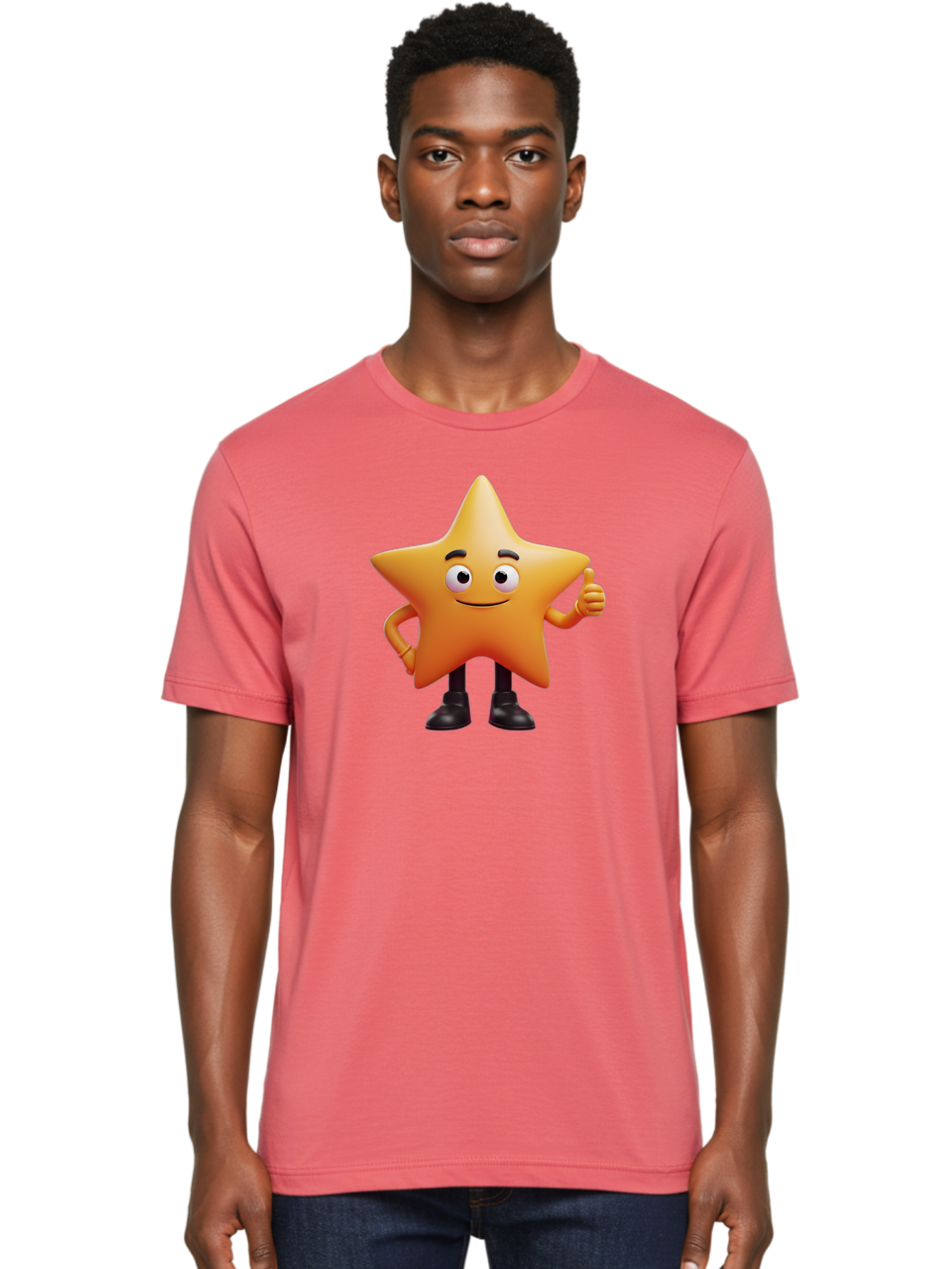 Star-Character-2 Men'S Graphic Tee, 100% Cotton, Comfortable Casual Summer Wear, Machine Washable, Cartoon Star, Smiling Face, Thumbs Up, Positive Attitude, Friendly Character, 3D Illustration, Animated Star, Hand Gesture, Black Shoes Bae778