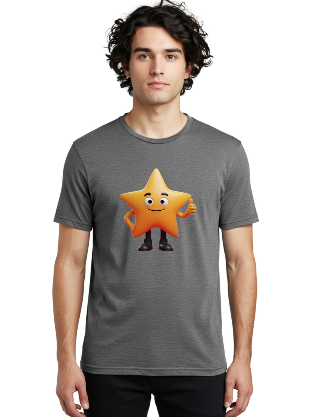 Star-Character-2 Men'S Graphic Tee, 100% Cotton, Comfortable Casual Summer Wear, Machine Washable, Cartoon Star, Smiling Face, Thumbs Up, Positive Attitude, Friendly Character, 3D Illustration, Animated Star, Hand Gesture, Black Shoes Bae778