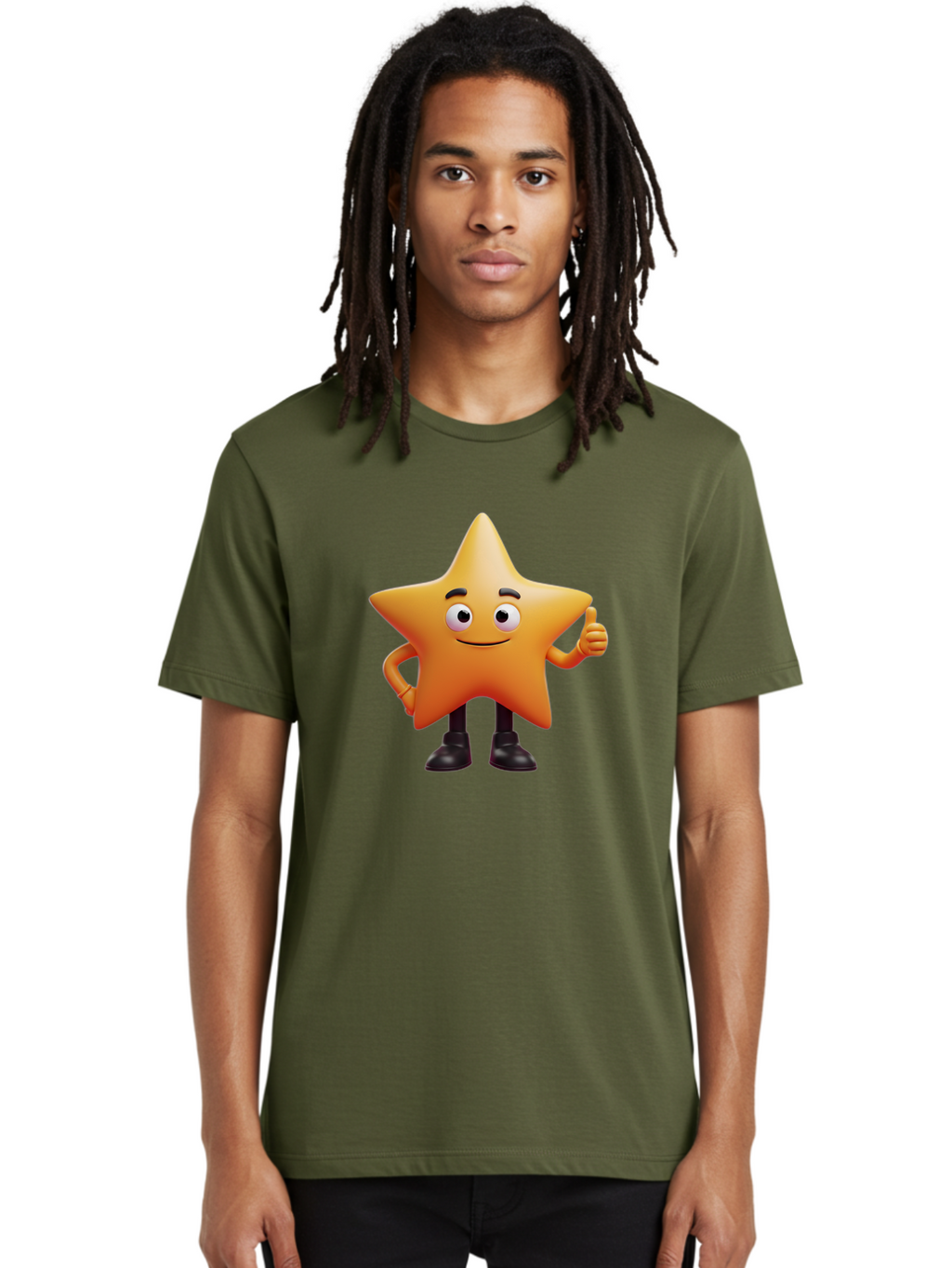 Star-Character-2 Men'S Graphic Tee, 100% Cotton, Comfortable Casual Summer Wear, Machine Washable, Cartoon Star, Smiling Face, Thumbs Up, Positive Attitude, Friendly Character, 3D Illustration, Animated Star, Hand Gesture, Black Shoes Bae778