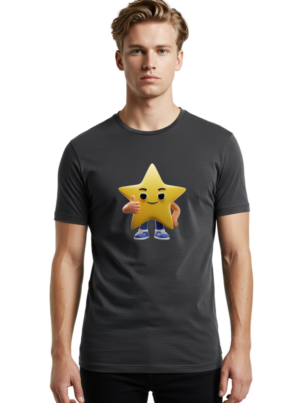 Star-Character-3 Men'S Graphic Tee, 100% Cotton, Comfortable Casual Summer Wear, Machine Washable, Yellow Star Character, Thumbs Up Gesture, Smiling Face, Blue Shoes, Childrens Illustration, Cartoon Style, Friendly Demeanor, Positive Vibe Bae779