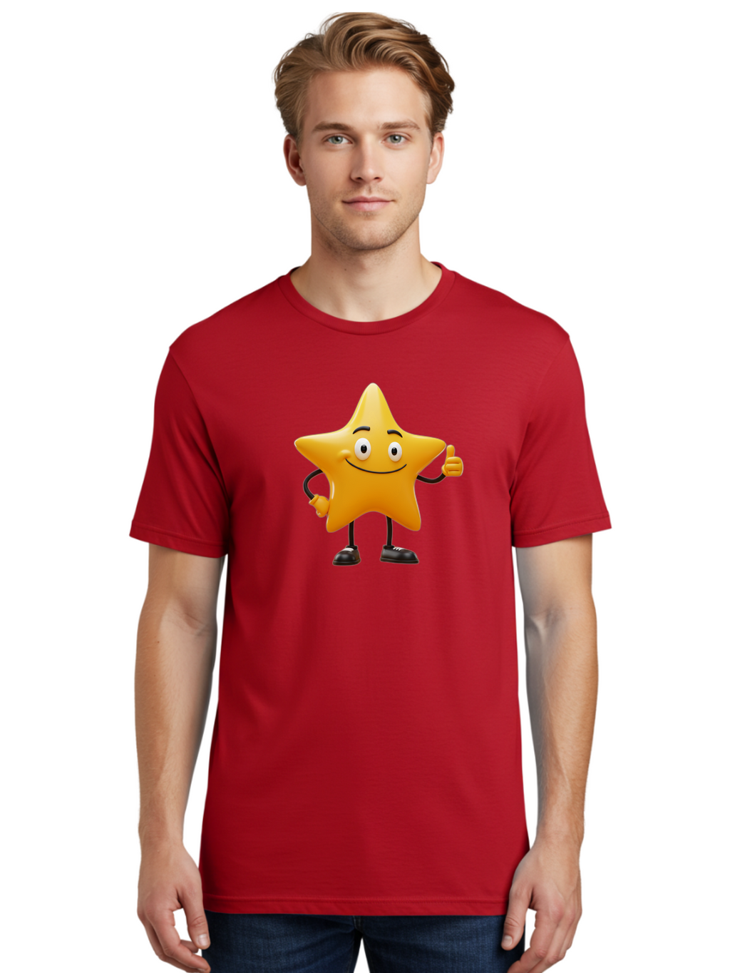 Star-Character-4 Men'S Graphic Tee, 100% Cotton, Comfortable Casual Summer Wear, Machine Washable, Smiling Star Character, Thumbs Up Gesture, Cartoon Style, Yellow Star, Funny Face, Animated Illustration, Friendly Demeanor, Positive Vibes, Bae780
