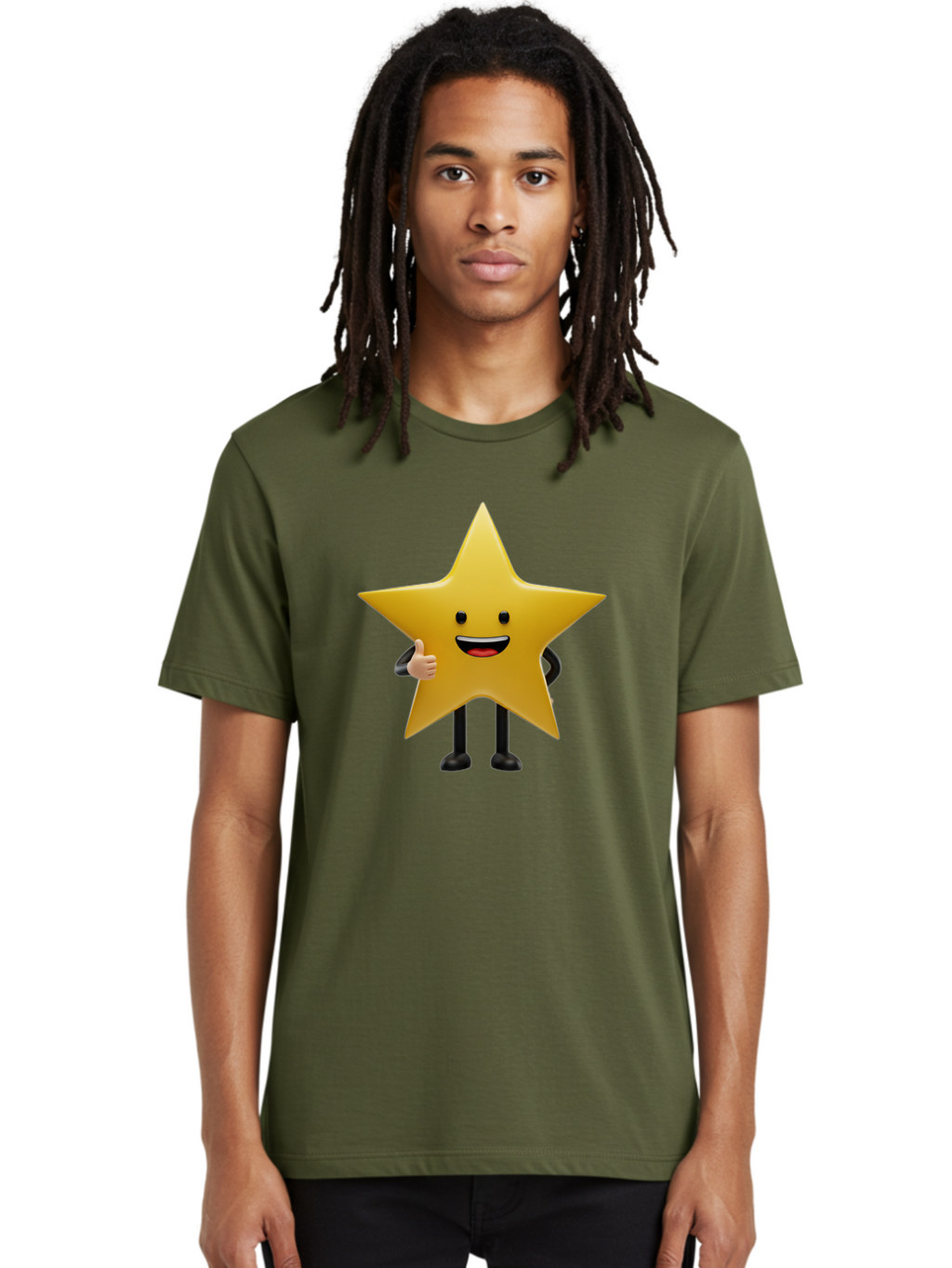 Star-Character-5 Men'S Graphic Tee, 100% Cotton, Comfortable Casual Summer Wear, Machine Washable, Smiling Star, Thumbs Up, Cartoon Character, Happy Face, Black Legs, Shiny Star, Friendly Gesture, Cheerful Mood, Animated Star, Positive Vibe Bae781