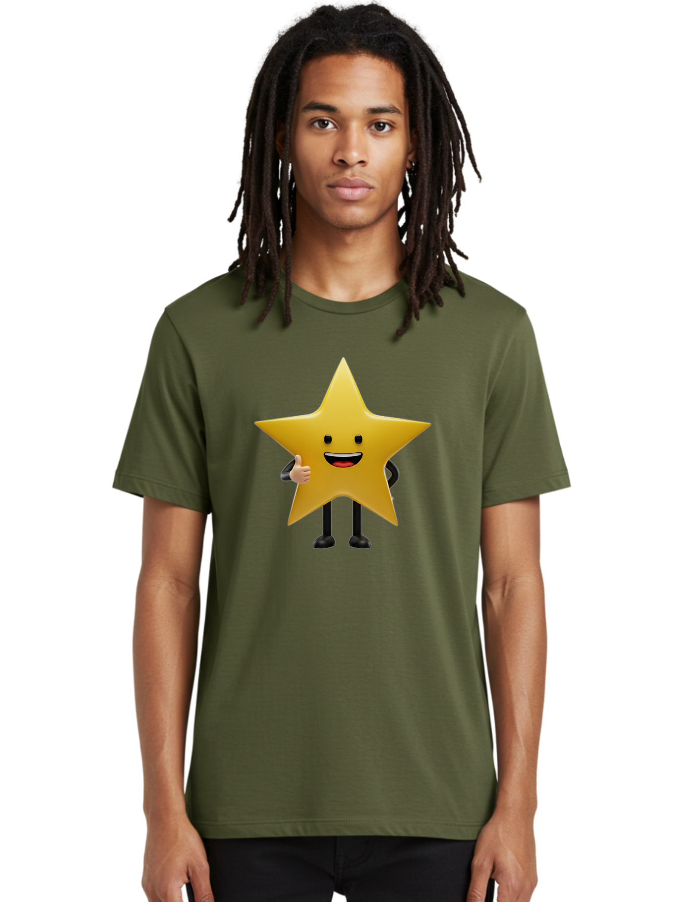 Star-Character-5 Men'S Graphic Tee, 100% Cotton, Comfortable Casual Summer Wear, Machine Washable, Smiling Star, Thumbs Up, Cartoon Character, Happy Face, Black Legs, Shiny Star, Friendly Gesture, Cheerful Mood, Animated Star, Positive Vibe Bae781