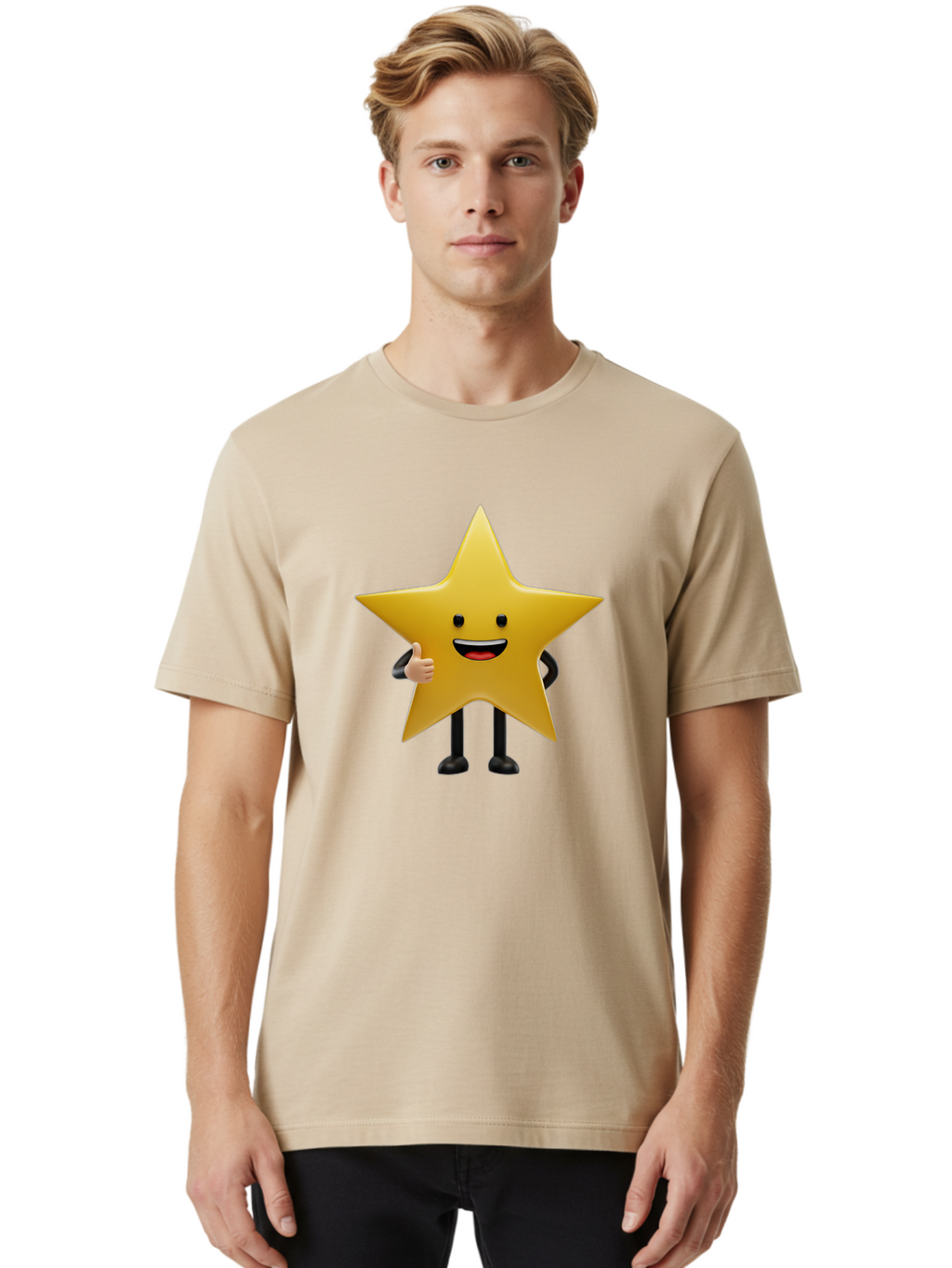 Star-Character-5 Men'S Graphic Tee, 100% Cotton, Comfortable Casual Summer Wear, Machine Washable, Smiling Star, Thumbs Up, Cartoon Character, Happy Face, Black Legs, Shiny Star, Friendly Gesture, Cheerful Mood, Animated Star, Positive Vibe Bae781