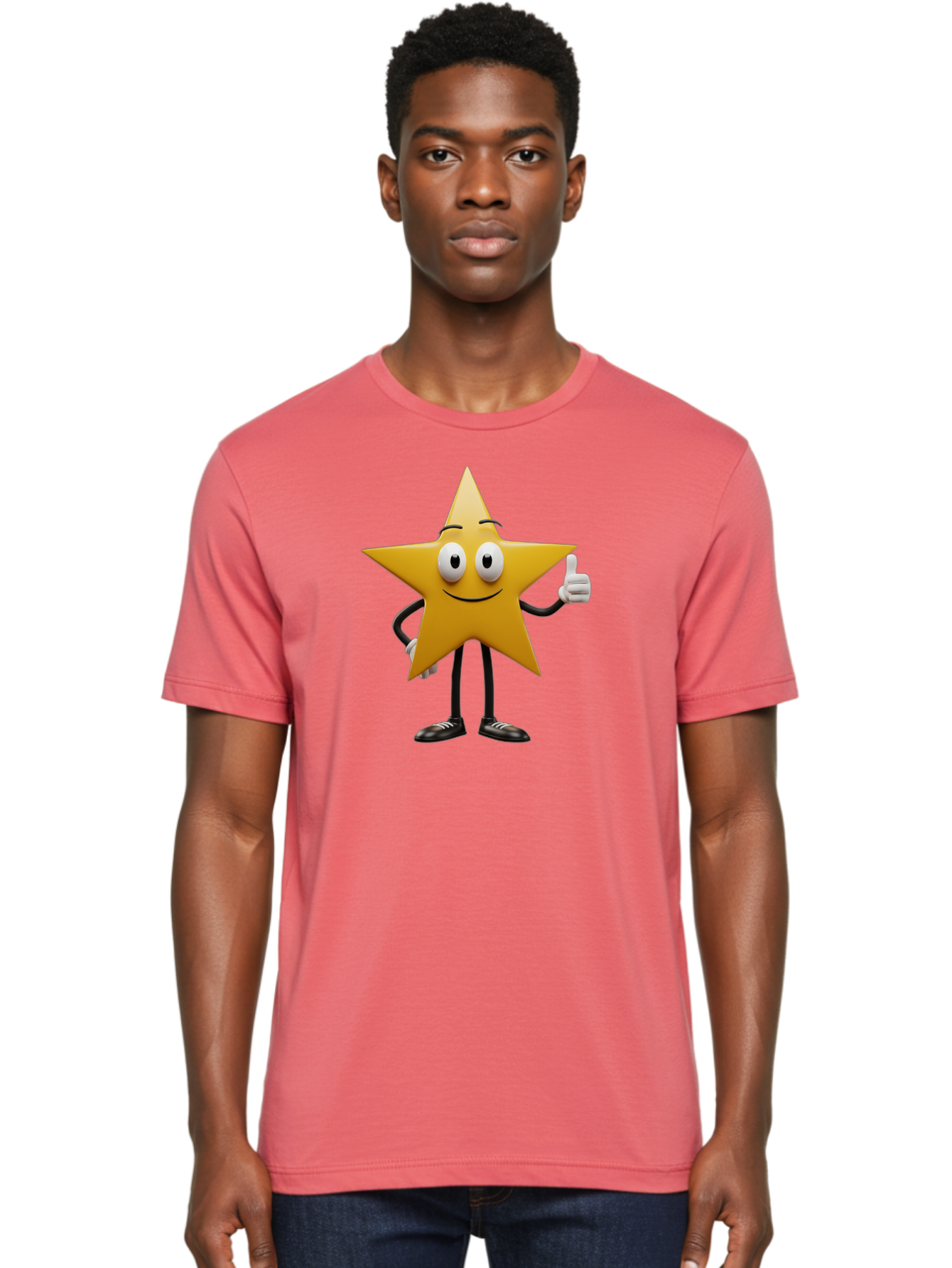 Star-Character-6 Men'S Graphic Tee, 100% Cotton, Comfortable Casual Summer Wear, Machine Washable, Smiling Star Character, Thumbs Up Gesture, Cartoon Style, Friendly Expression, Happy Mood, Positive Vibes, Yellow Star, Black Legs And Shoes, Bae782