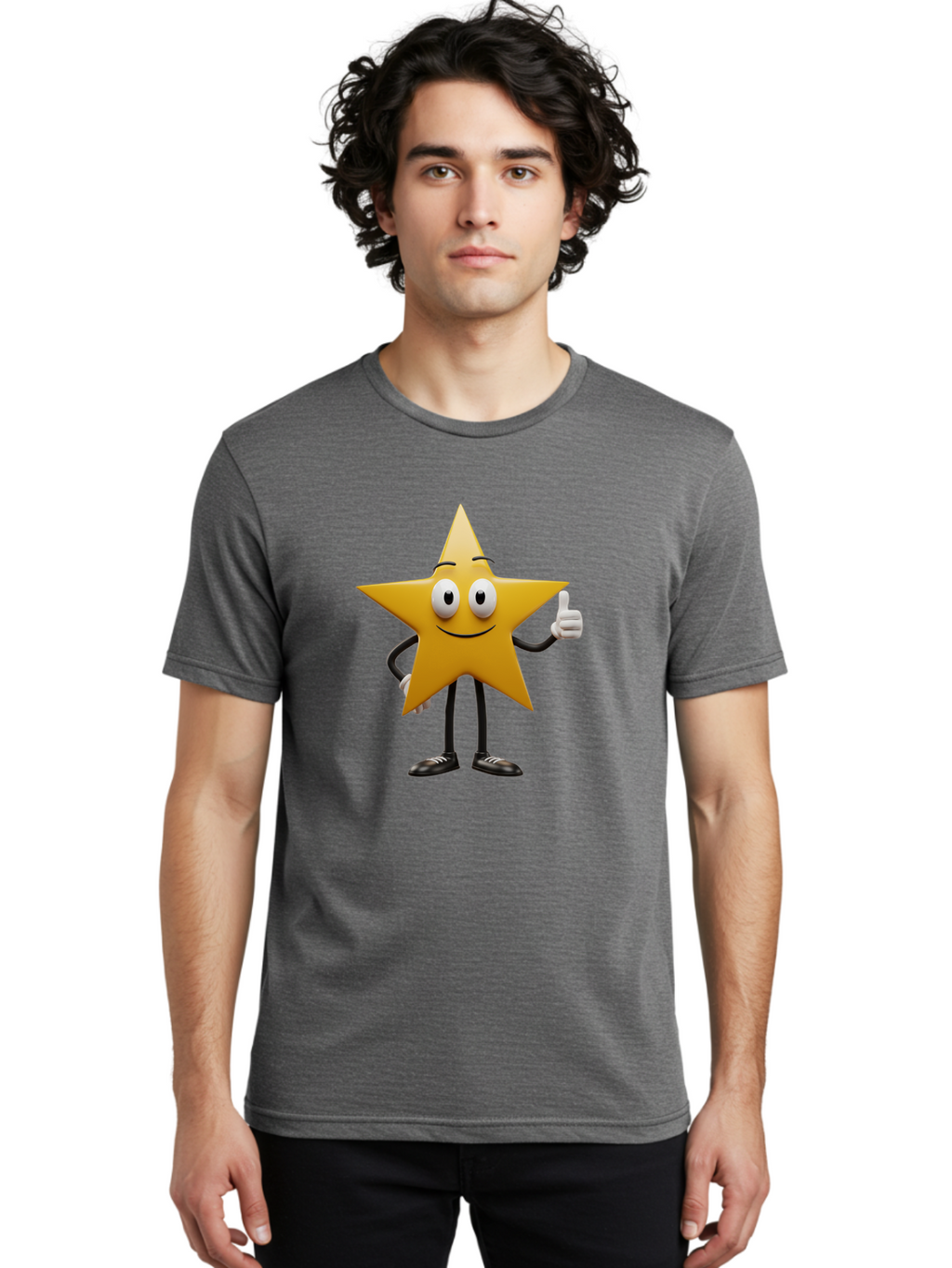 Star-Character-6 Men'S Graphic Tee, 100% Cotton, Comfortable Casual Summer Wear, Machine Washable, Smiling Star Character, Thumbs Up Gesture, Cartoon Style, Friendly Expression, Happy Mood, Positive Vibes, Yellow Star, Black Legs And Shoes, Bae782