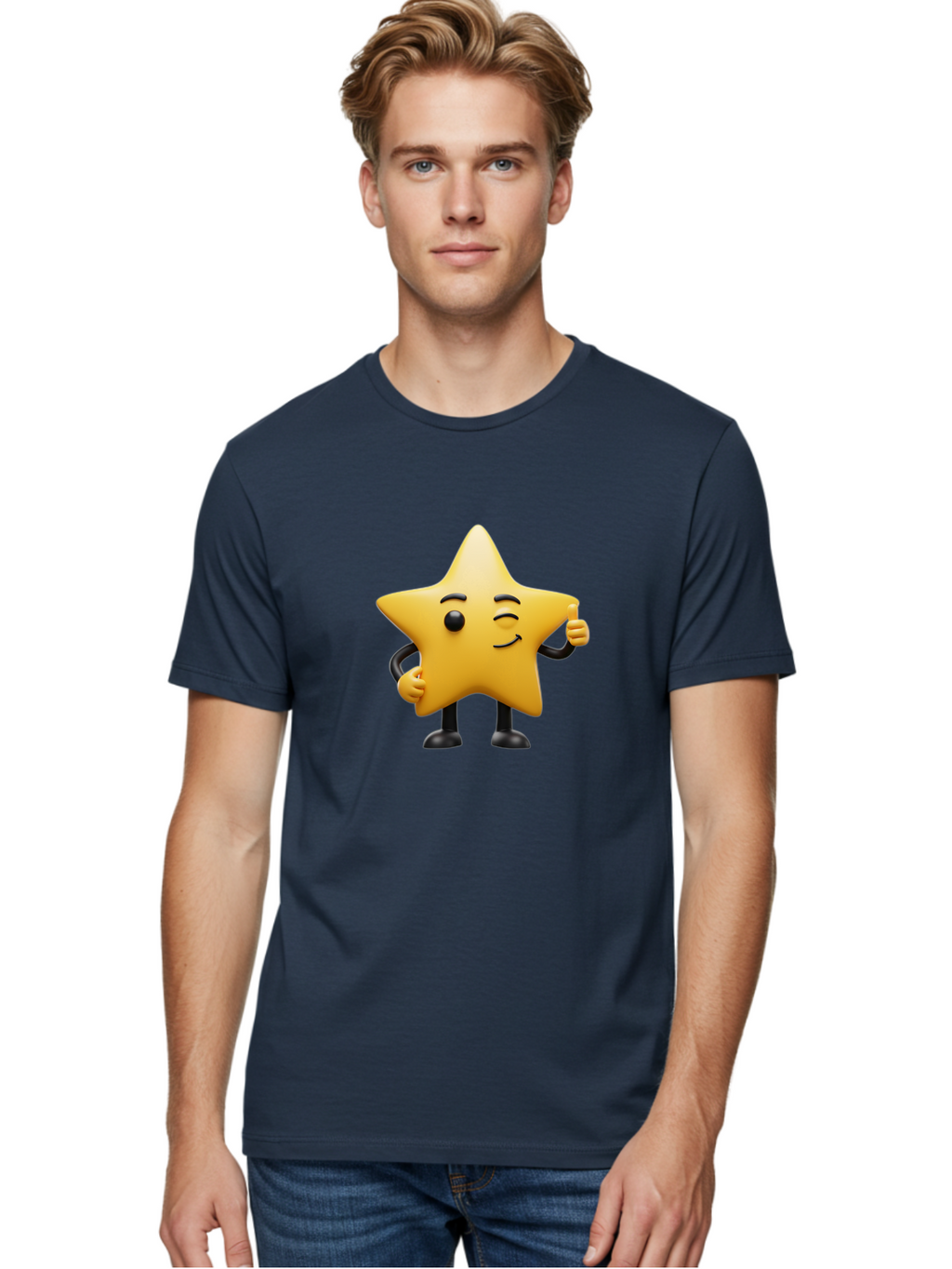 Star-Character-7 Men'S Graphic Tee, 100% Cotton, Comfortable Casual Summer Wear, Machine Washable, Happy Star, Cartoon Character, Smiley Face, Thumbs Up, Cheerful Personality, Animated Figure, Shiny Star, Positive Vibes, Friendly Emoji, Bae783