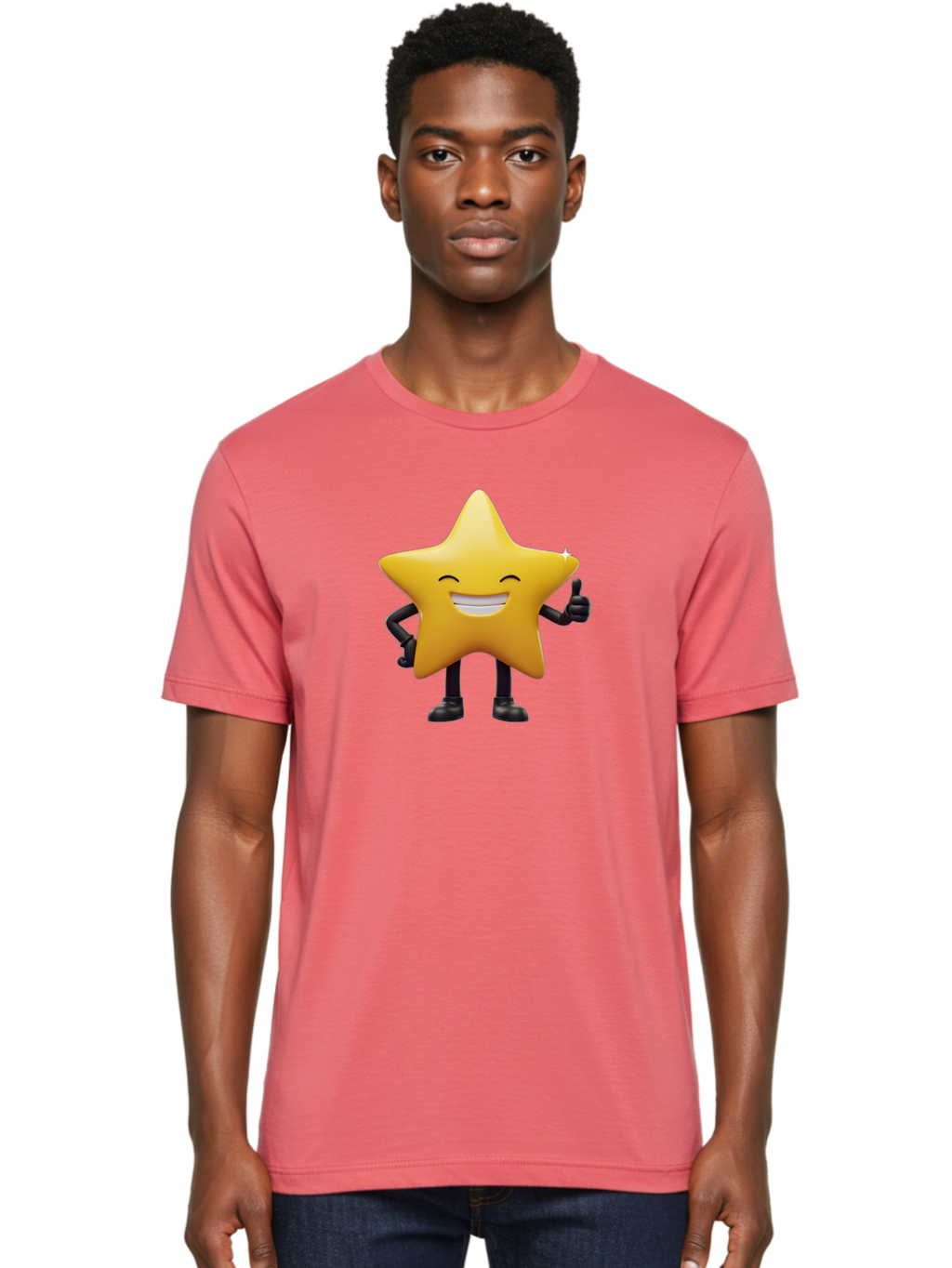 Star-Emoji Men'S Graphic Tee, 100% Cotton, Comfortable Casual Summer Wear, Machine Washable, Smiling Star, Thumbs Up, Happy Face, Cartoon Character, Black Limbs, Yellow Body, Friendly Gesture, Positive Attitude, Cute Emoji, Star Icon Bae785