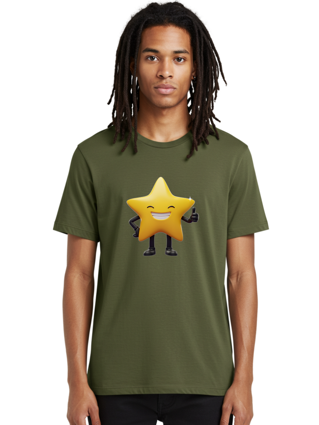 Star-Emoji Men'S Graphic Tee, 100% Cotton, Comfortable Casual Summer Wear, Machine Washable, Smiling Star, Thumbs Up, Happy Face, Cartoon Character, Black Limbs, Yellow Body, Friendly Gesture, Positive Attitude, Cute Emoji, Star Icon Bae785