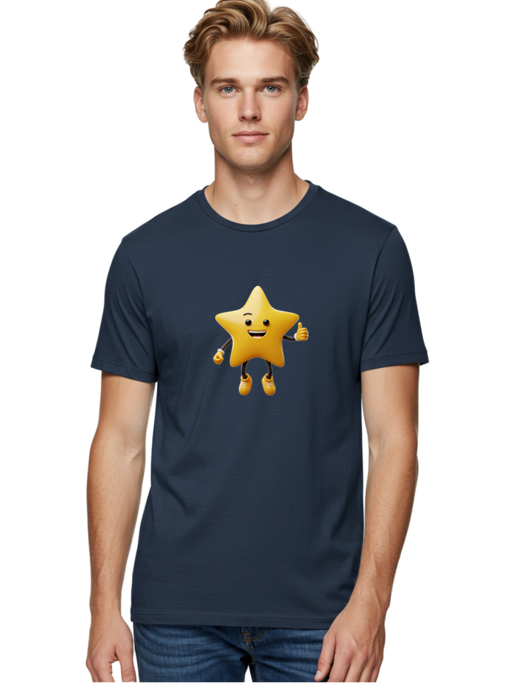 Star-Mascot Men'S Graphic Tee, 100% Cotton, Comfortable Casual Summer Wear, Machine Washable, Smiling Star Character, Thumbs Up Gesture, Cartoon Style, Happy Expression, Yellow Star, 3D Rendering, Cute Mascot, Animated Character, Bae786