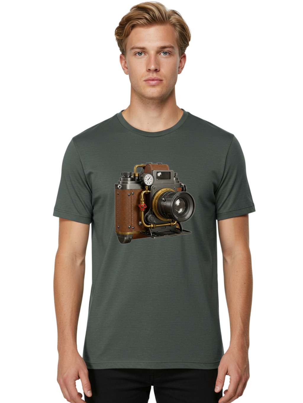 Steampunk-Camera Men'S Graphic Tee, 100% Cotton, Comfortable Casual Summer Wear, Machine Washable, Vintage Camera, Steampunk Design, Antique Photography, Retro Technology, Industrial Elements, Leather Wrapping, Brass Accents, Creative Art, Bae787