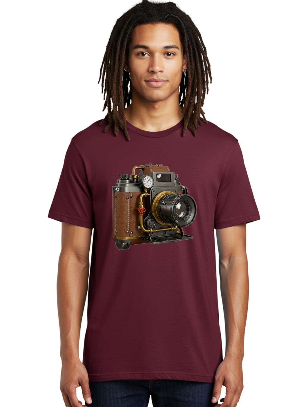 Steampunk-Camera Men'S Graphic Tee, 100% Cotton, Comfortable Casual Summer Wear, Machine Washable, Vintage Camera, Steampunk Design, Antique Photography, Retro Technology, Industrial Elements, Leather Wrapping, Brass Accents, Creative Art, Bae787