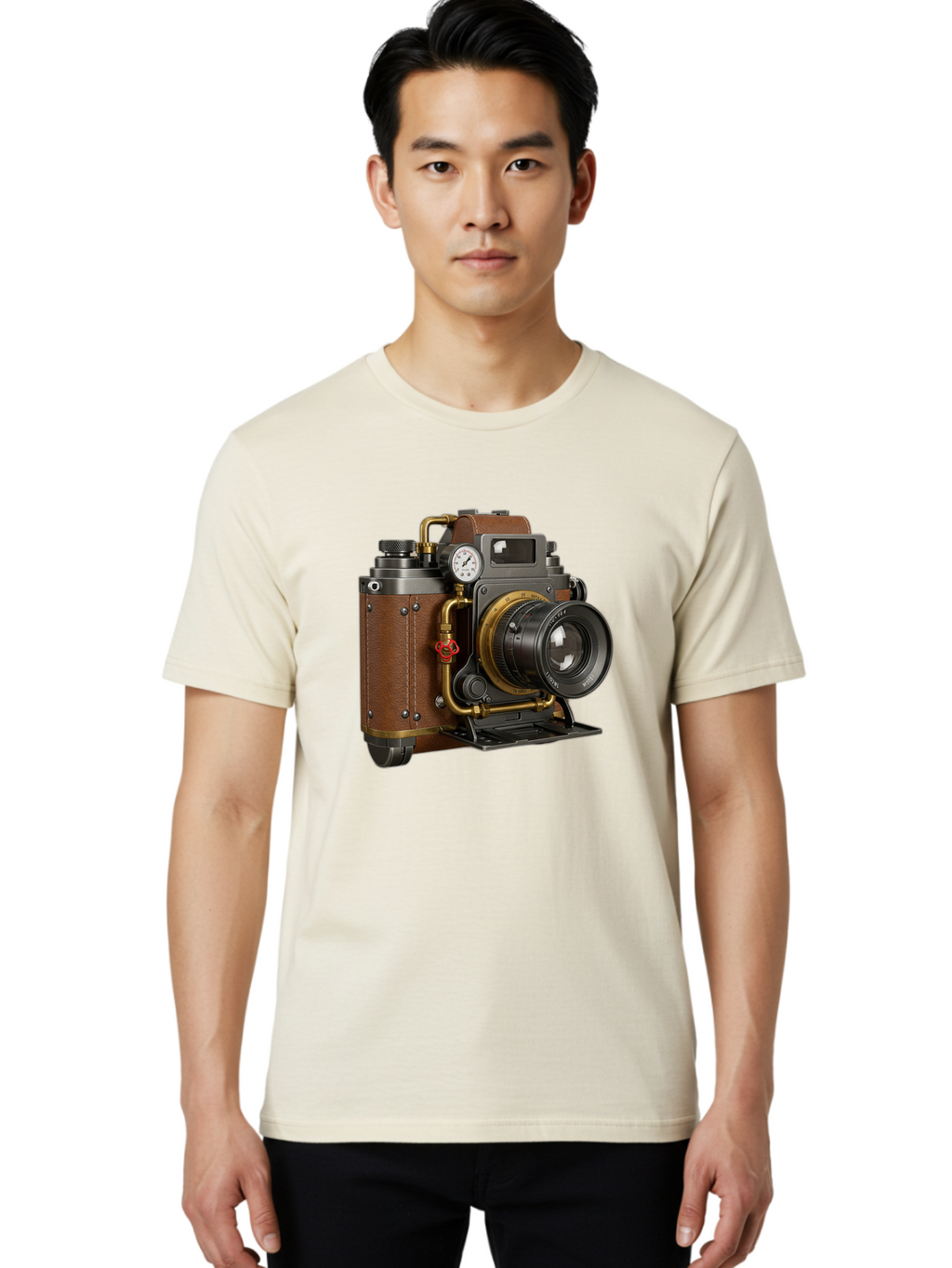 Steampunk-Camera Men'S Graphic Tee, 100% Cotton, Comfortable Casual Summer Wear, Machine Washable, Vintage Camera, Steampunk Design, Antique Photography, Retro Technology, Industrial Elements, Leather Wrapping, Brass Accents, Creative Art, Bae787