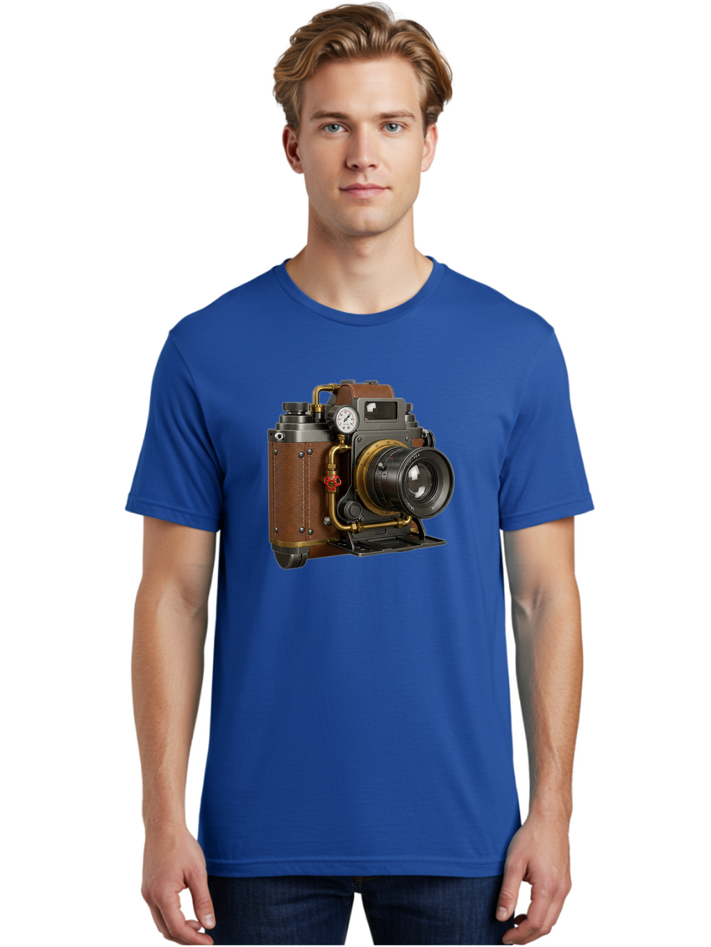 Steampunk-Camera Men'S Graphic Tee, 100% Cotton, Comfortable Casual Summer Wear, Machine Washable, Vintage Camera, Steampunk Design, Antique Photography, Retro Technology, Industrial Elements, Leather Wrapping, Brass Accents, Creative Art, Bae787
