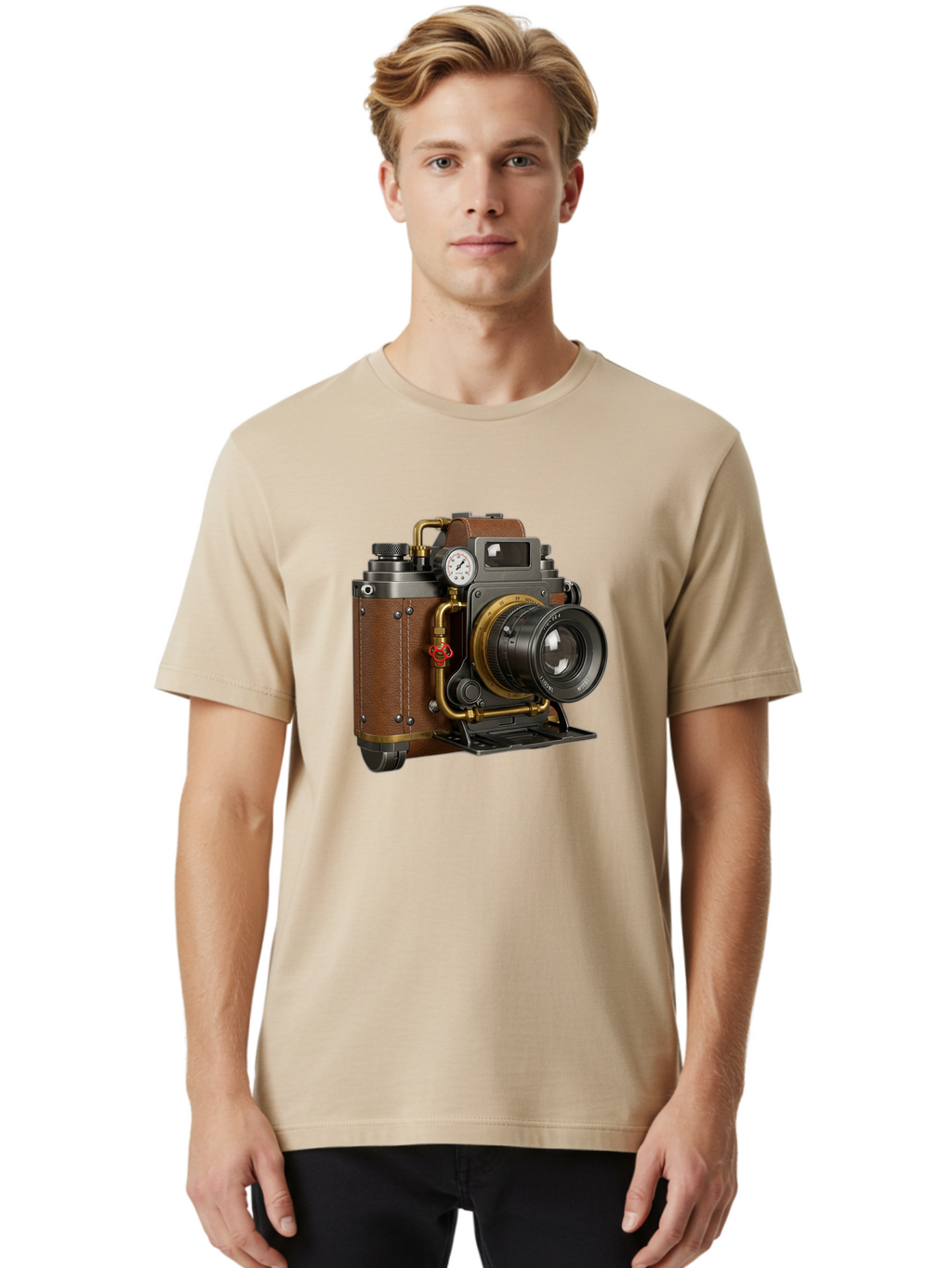 Steampunk-Camera Men'S Graphic Tee, 100% Cotton, Comfortable Casual Summer Wear, Machine Washable, Vintage Camera, Steampunk Design, Antique Photography, Retro Technology, Industrial Elements, Leather Wrapping, Brass Accents, Creative Art, Bae787
