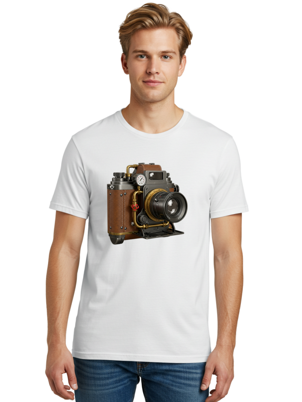 Steampunk-Camera Men'S Graphic Tee, 100% Cotton, Comfortable Casual Summer Wear, Machine Washable, Vintage Camera, Steampunk Design, Antique Photography, Retro Technology, Industrial Elements, Leather Wrapping, Brass Accents, Creative Art, Bae787