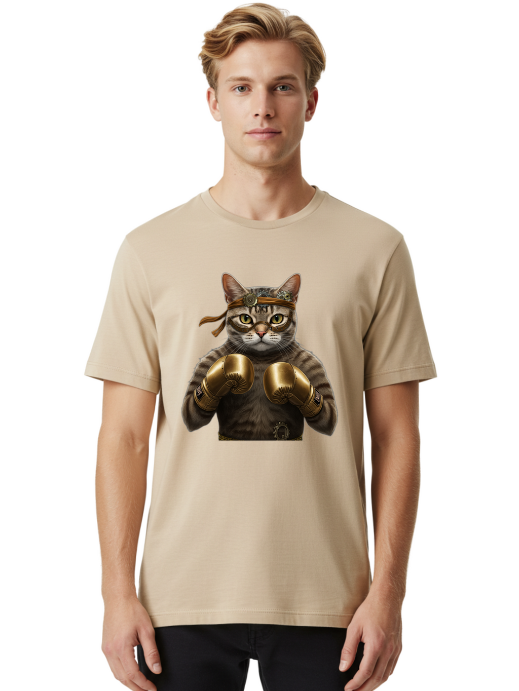 Steampunk-Cat-Boxer Men'S Graphic Tee, 100% Cotton, Comfortable Casual Summer Wear, Machine Washable, Steampunk Cat, Boxing Gloves, Steampunk Accessories, Fantasy Feline, Mechanical Cat, Cat In Boxing Gloves, Whimsical Illustration, Bae788