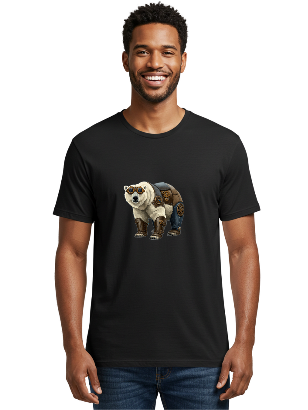 Steampunk-Polar-Bear Men'S Graphic Tee, 100% Cotton, Comfortable Casual Summer Wear, Machine Washable, Steampunk Polar Bear, Mechanical Armor, Goggles, Industrial Style, Fantasy Creature, Sci-Fi Art, Cyberpunk, Futuristic Animal, Bae789