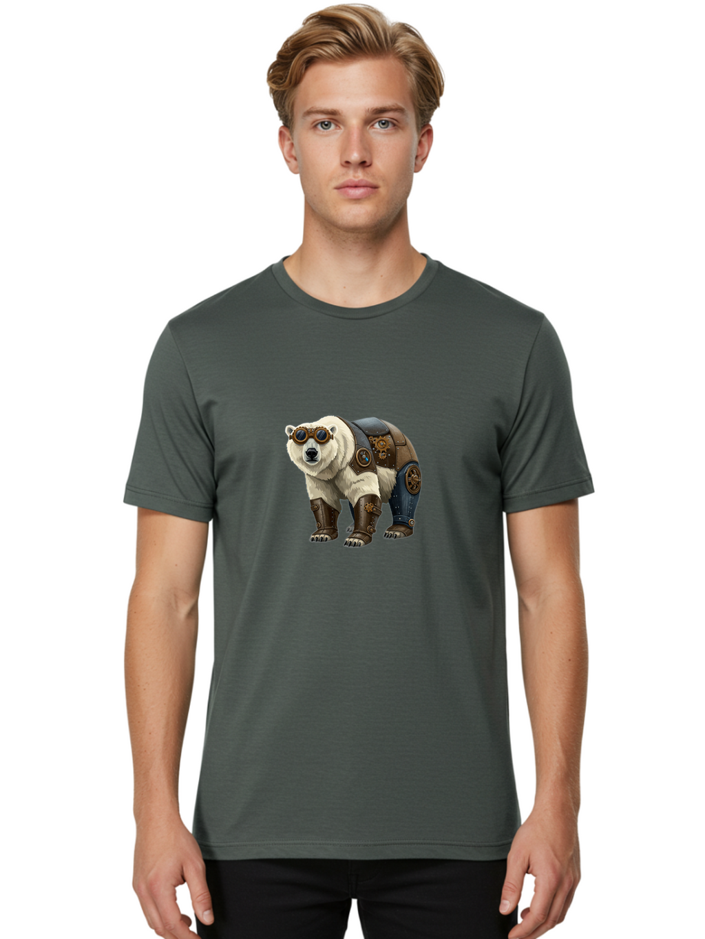 Steampunk-Polar-Bear Men'S Graphic Tee, 100% Cotton, Comfortable Casual Summer Wear, Machine Washable, Steampunk Polar Bear, Mechanical Armor, Goggles, Industrial Style, Fantasy Creature, Sci-Fi Art, Cyberpunk, Futuristic Animal, Bae789