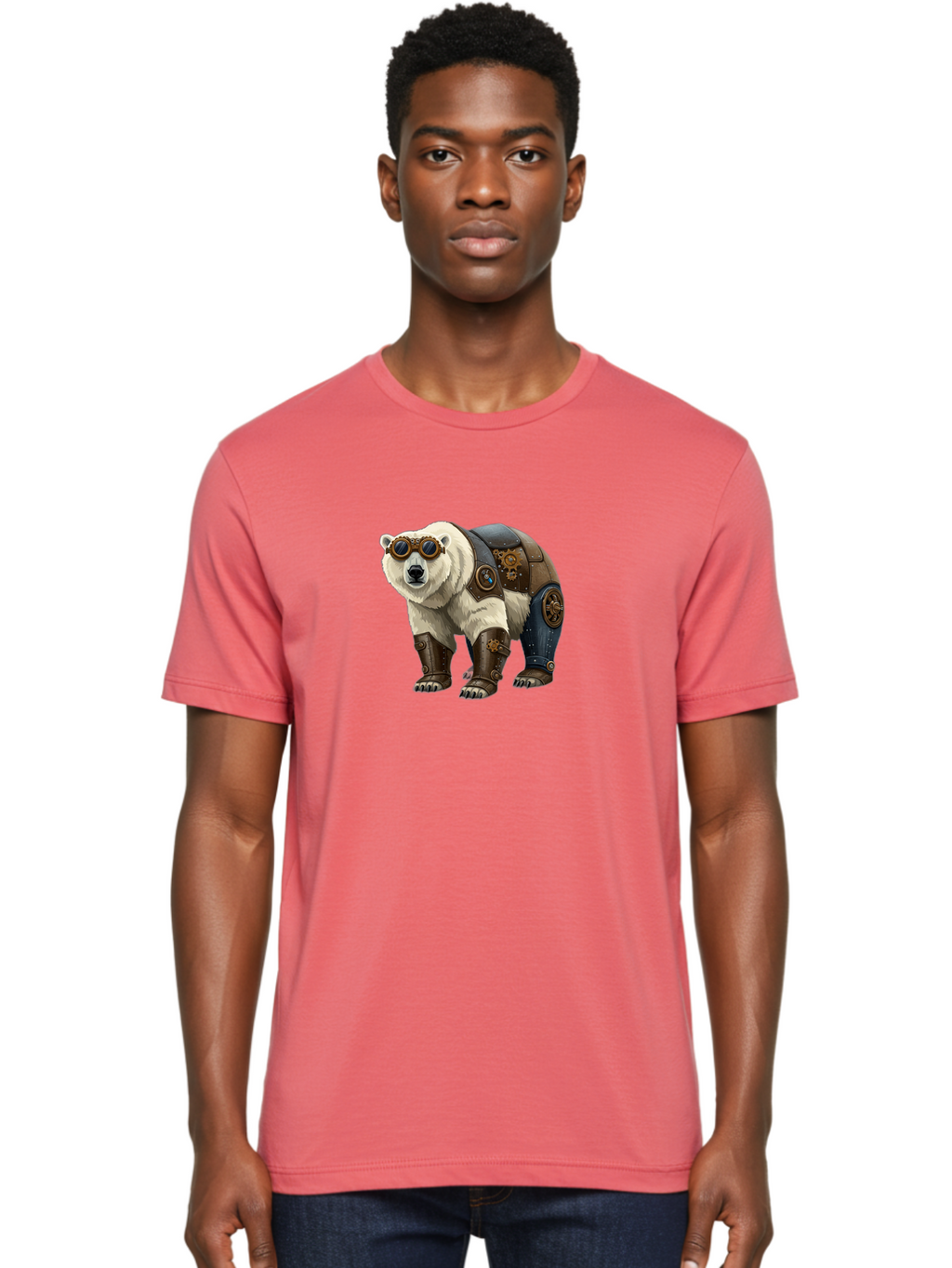 Steampunk-Polar-Bear Men'S Graphic Tee, 100% Cotton, Comfortable Casual Summer Wear, Machine Washable, Steampunk Polar Bear, Mechanical Armor, Goggles, Industrial Style, Fantasy Creature, Sci-Fi Art, Cyberpunk, Futuristic Animal, Bae789