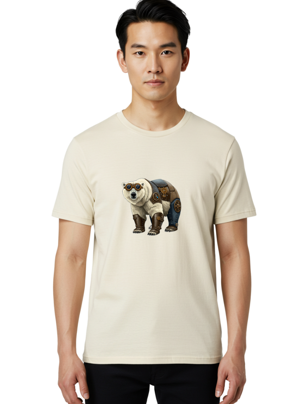 Steampunk-Polar-Bear Men'S Graphic Tee, 100% Cotton, Comfortable Casual Summer Wear, Machine Washable, Steampunk Polar Bear, Mechanical Armor, Goggles, Industrial Style, Fantasy Creature, Sci-Fi Art, Cyberpunk, Futuristic Animal, Bae789