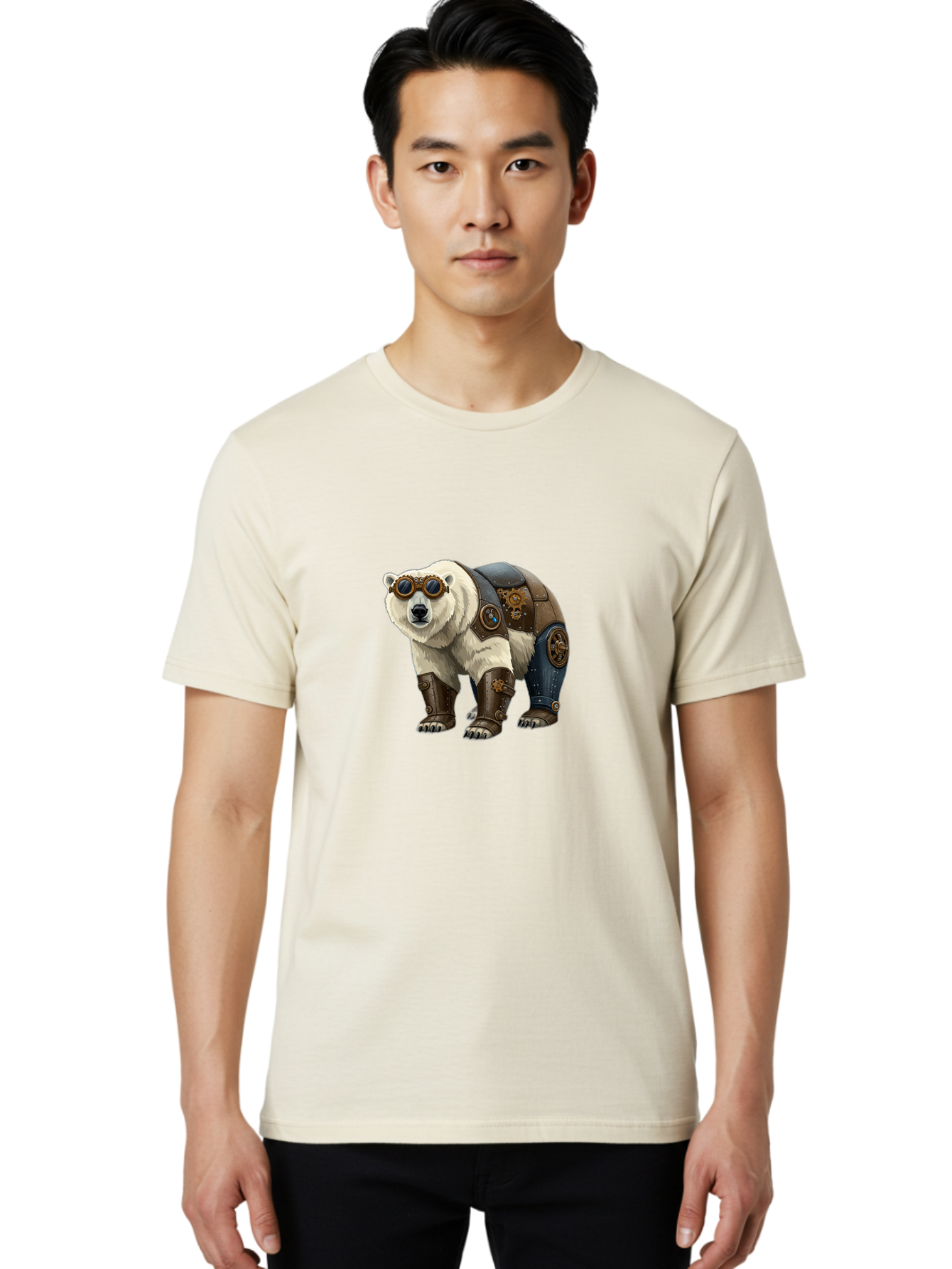 Steampunk-Polar-Bear Men'S Graphic Tee, 100% Cotton, Comfortable Casual Summer Wear, Machine Washable, Steampunk Polar Bear, Mechanical Armor, Goggles, Industrial Style, Fantasy Creature, Sci-Fi Art, Cyberpunk, Futuristic Animal, Bae789