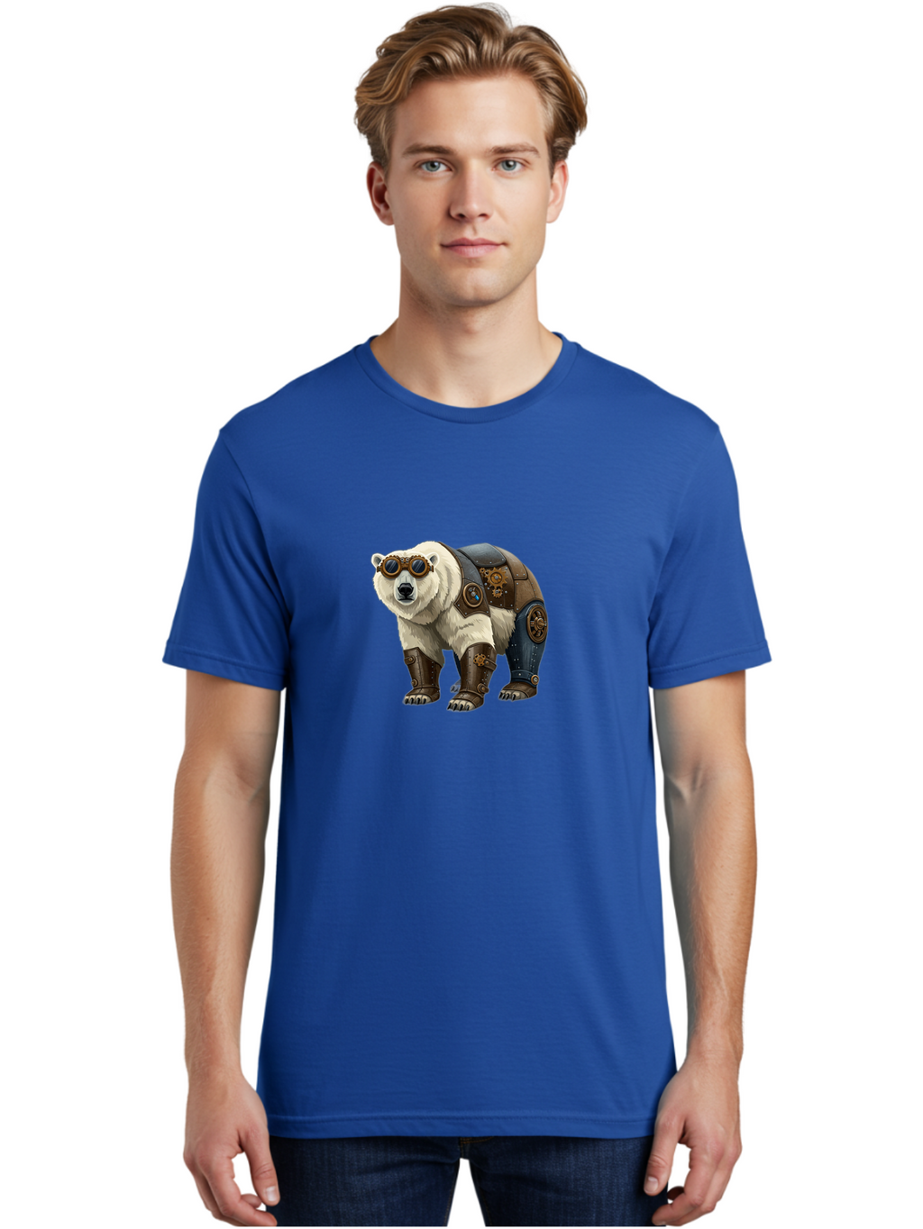 Steampunk-Polar-Bear Men'S Graphic Tee, 100% Cotton, Comfortable Casual Summer Wear, Machine Washable, Steampunk Polar Bear, Mechanical Armor, Goggles, Industrial Style, Fantasy Creature, Sci-Fi Art, Cyberpunk, Futuristic Animal, Bae789