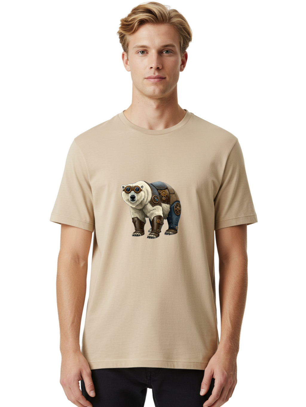 Steampunk-Polar-Bear Men'S Graphic Tee, 100% Cotton, Comfortable Casual Summer Wear, Machine Washable, Steampunk Polar Bear, Mechanical Armor, Goggles, Industrial Style, Fantasy Creature, Sci-Fi Art, Cyberpunk, Futuristic Animal, Bae789