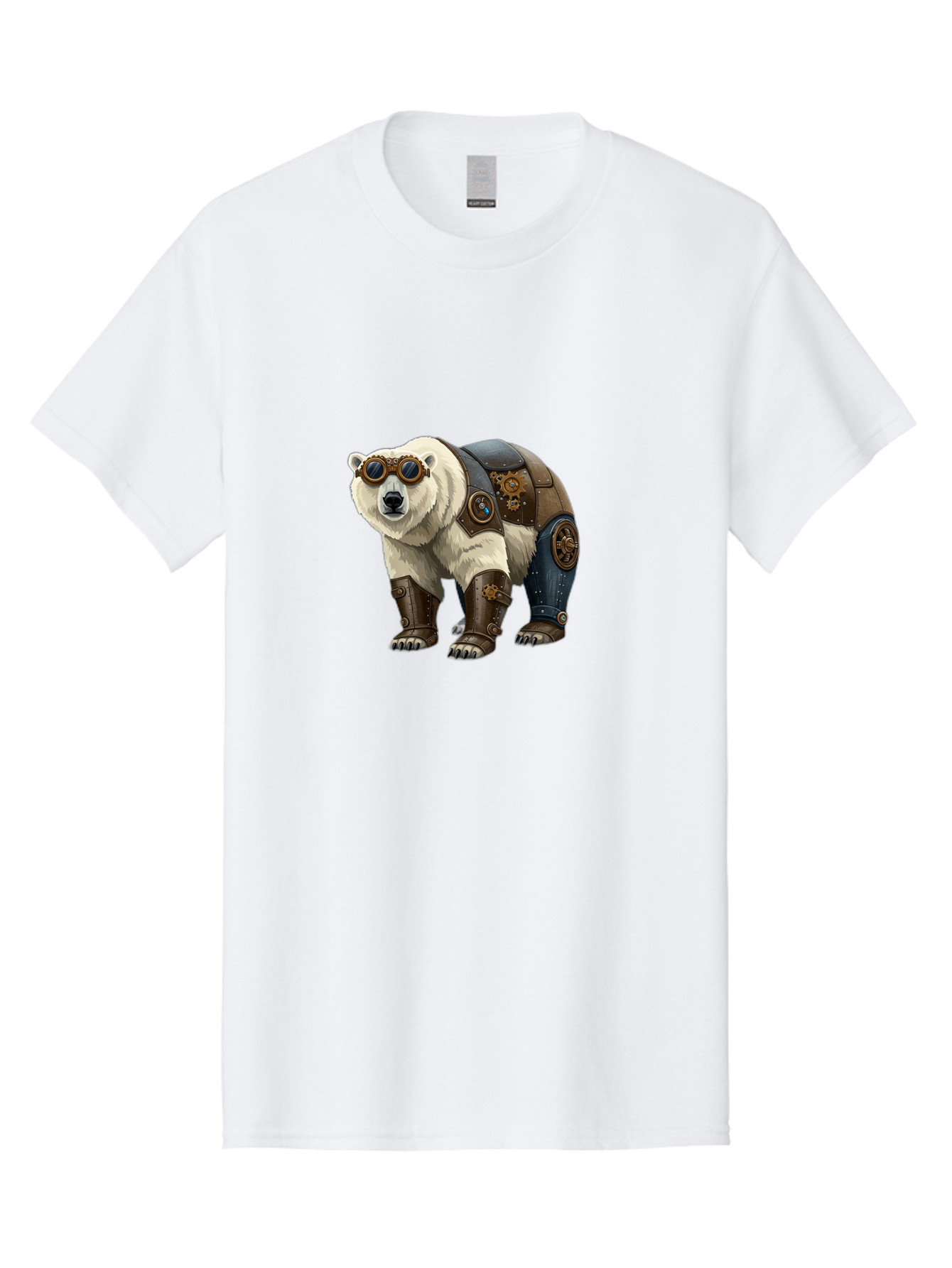 Steampunk-Polar-Bear Men'S Graphic Tee, 100% Cotton, Comfortable Casual Summer Wear, Machine Washable, Steampunk Polar Bear, Mechanical Armor, Goggles, Industrial Style, Fantasy Creature, Sci-Fi Art, Cyberpunk, Futuristic Animal, Bae789