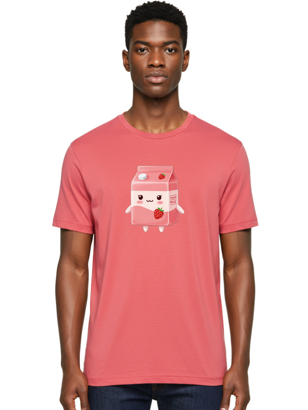 Strawberry-Milk Men'S Graphic Tee, 100% Cotton, Comfortable Casual Summer Wear, Machine Washable, Strawberry Milk, Cartoon Character, Cute Illustration, Strawberry Flavor, Pink Milk, Kawaii Design, Animated Beverage, Strawberry Theme, Bae790