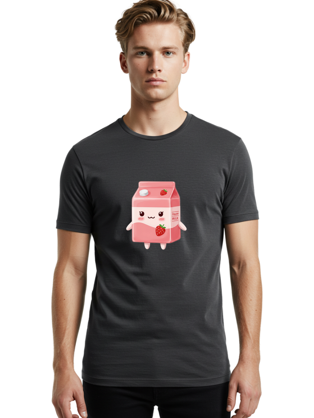 Strawberry-Milk Men'S Graphic Tee, 100% Cotton, Comfortable Casual Summer Wear, Machine Washable, Strawberry Milk, Cartoon Character, Cute Illustration, Strawberry Flavor, Pink Milk, Kawaii Design, Animated Beverage, Strawberry Theme, Bae790