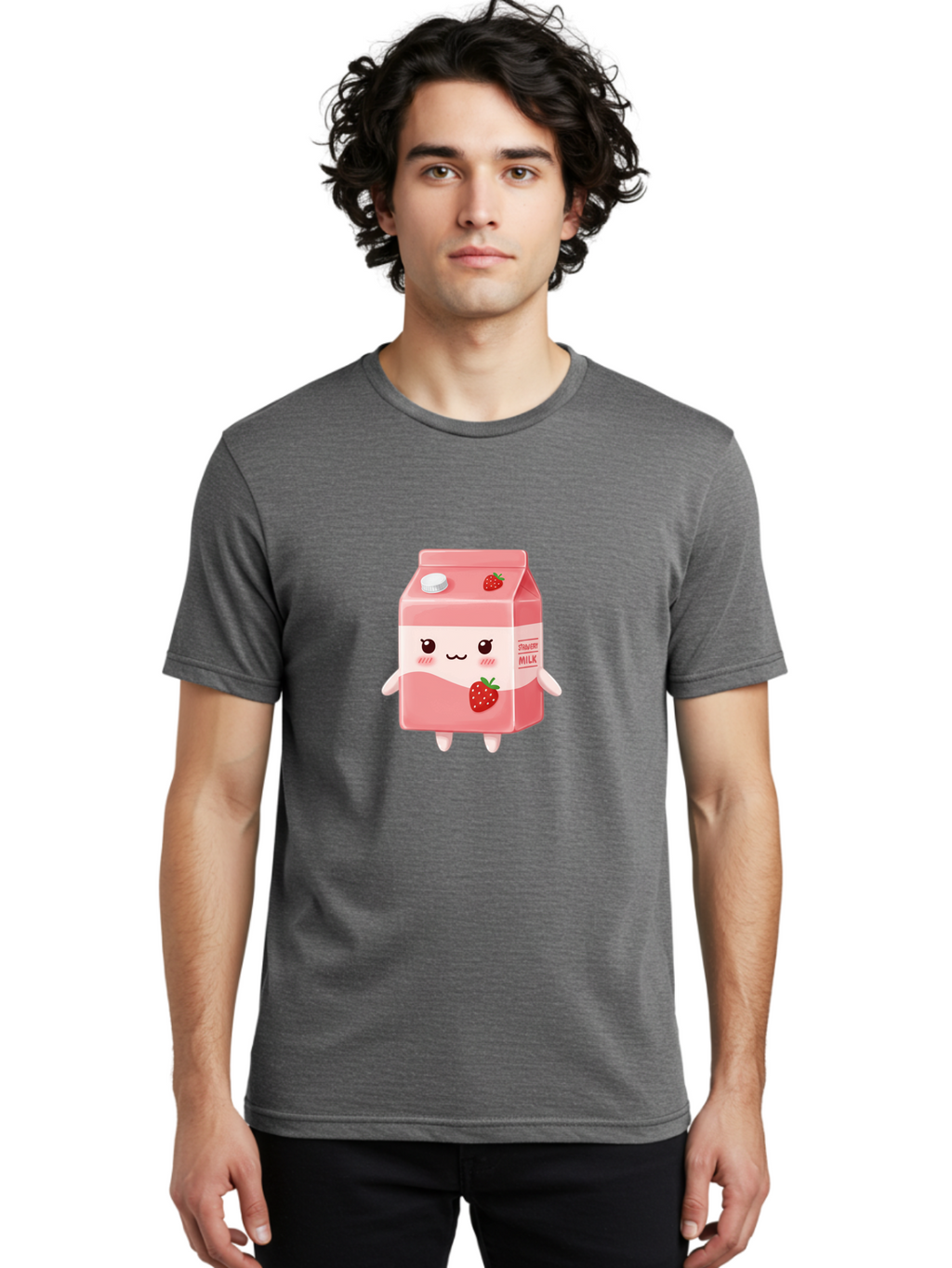 Strawberry-Milk Men'S Graphic Tee, 100% Cotton, Comfortable Casual Summer Wear, Machine Washable, Strawberry Milk, Cartoon Character, Cute Illustration, Strawberry Flavor, Pink Milk, Kawaii Design, Animated Beverage, Strawberry Theme, Bae790