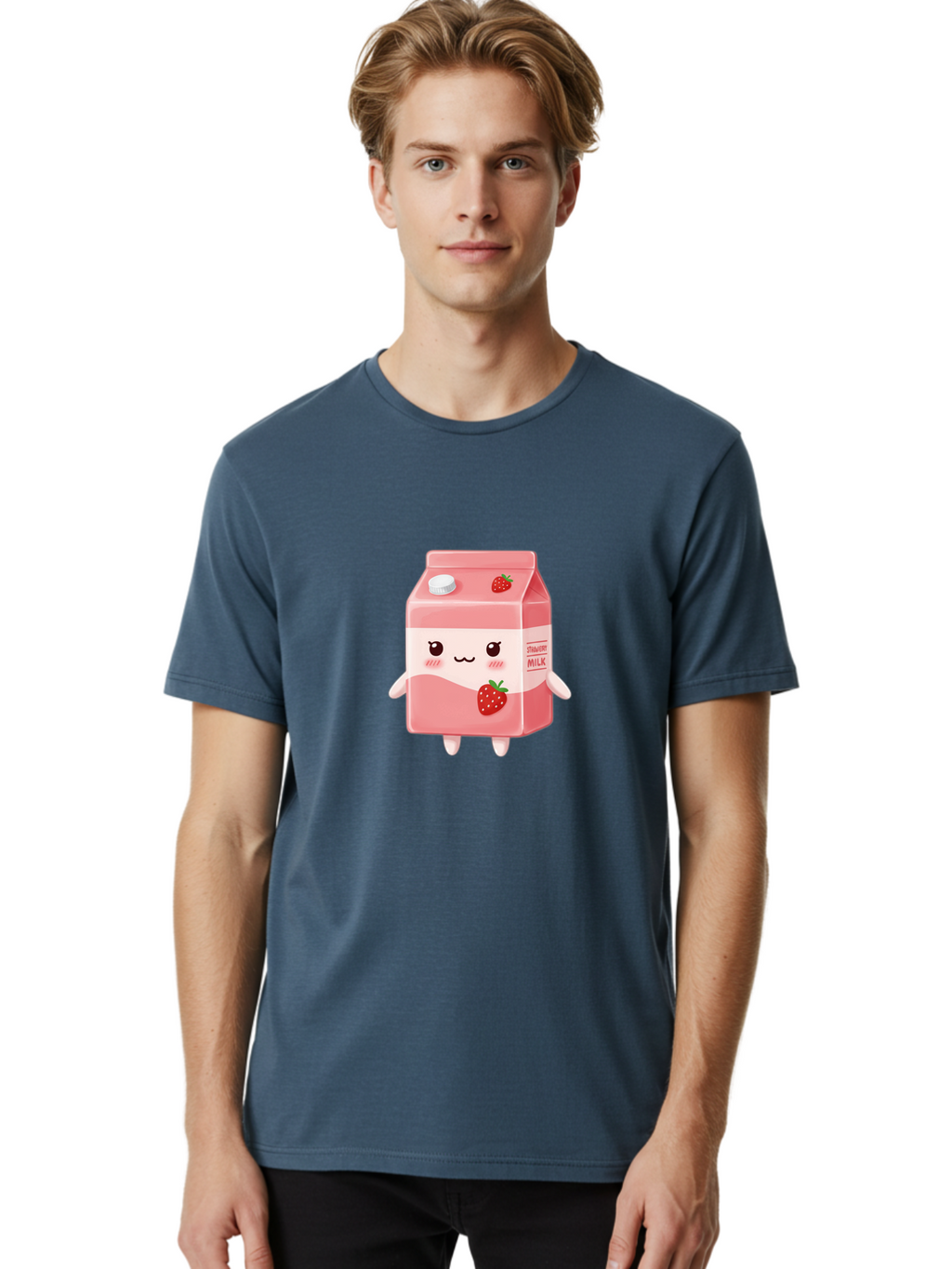 Strawberry-Milk Men'S Graphic Tee, 100% Cotton, Comfortable Casual Summer Wear, Machine Washable, Strawberry Milk, Cartoon Character, Cute Illustration, Strawberry Flavor, Pink Milk, Kawaii Design, Animated Beverage, Strawberry Theme, Bae790