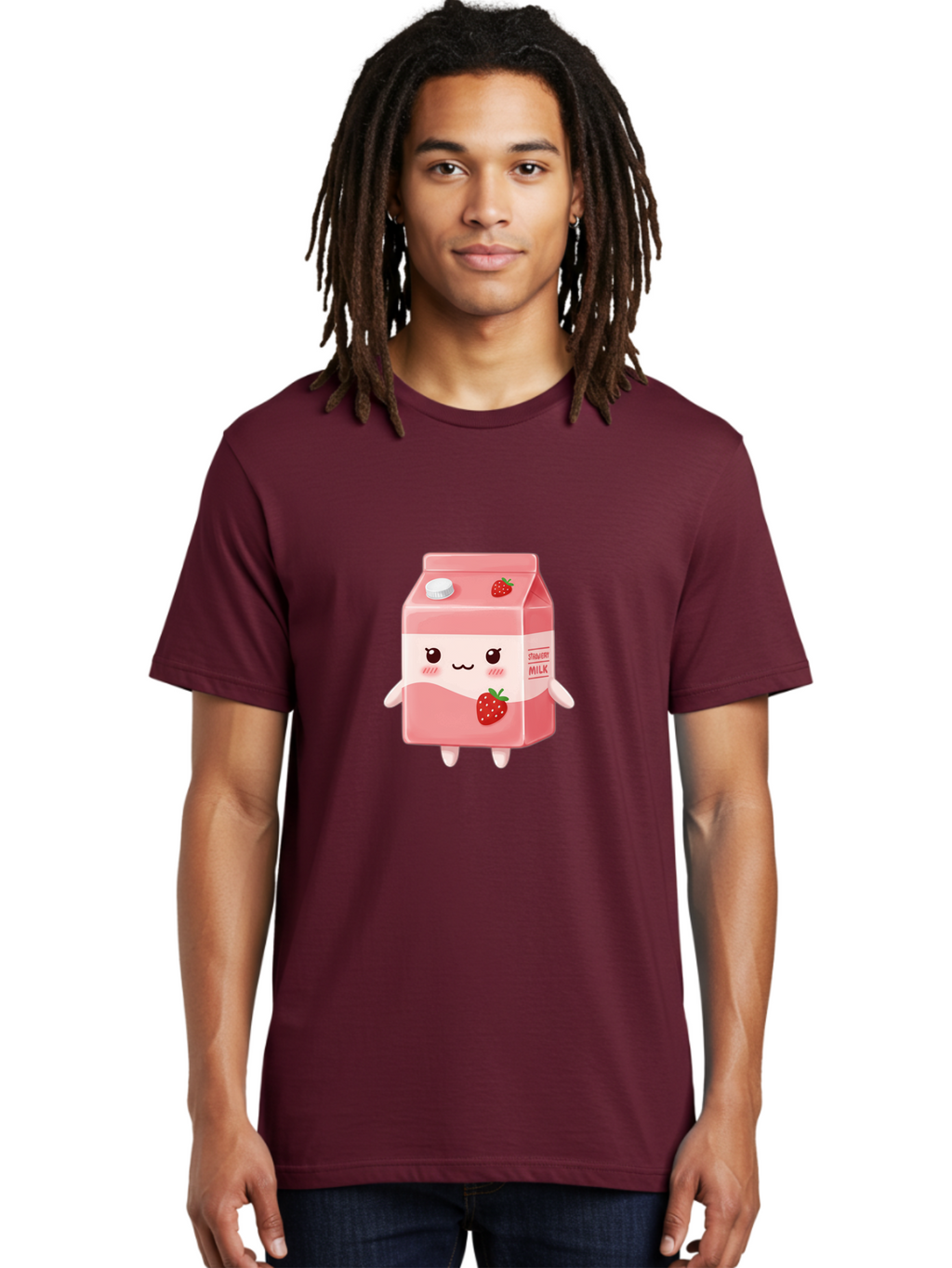 Strawberry-Milk Men'S Graphic Tee, 100% Cotton, Comfortable Casual Summer Wear, Machine Washable, Strawberry Milk, Cartoon Character, Cute Illustration, Strawberry Flavor, Pink Milk, Kawaii Design, Animated Beverage, Strawberry Theme, Bae790