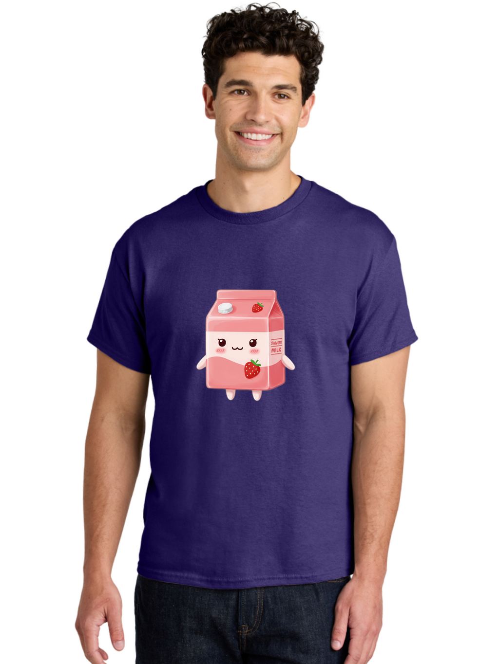Strawberry-Milk Men'S Graphic Tee, 100% Cotton, Comfortable Casual Summer Wear, Machine Washable, Strawberry Milk, Cartoon Character, Cute Illustration, Strawberry Flavor, Pink Milk, Kawaii Design, Animated Beverage, Strawberry Theme, Bae790