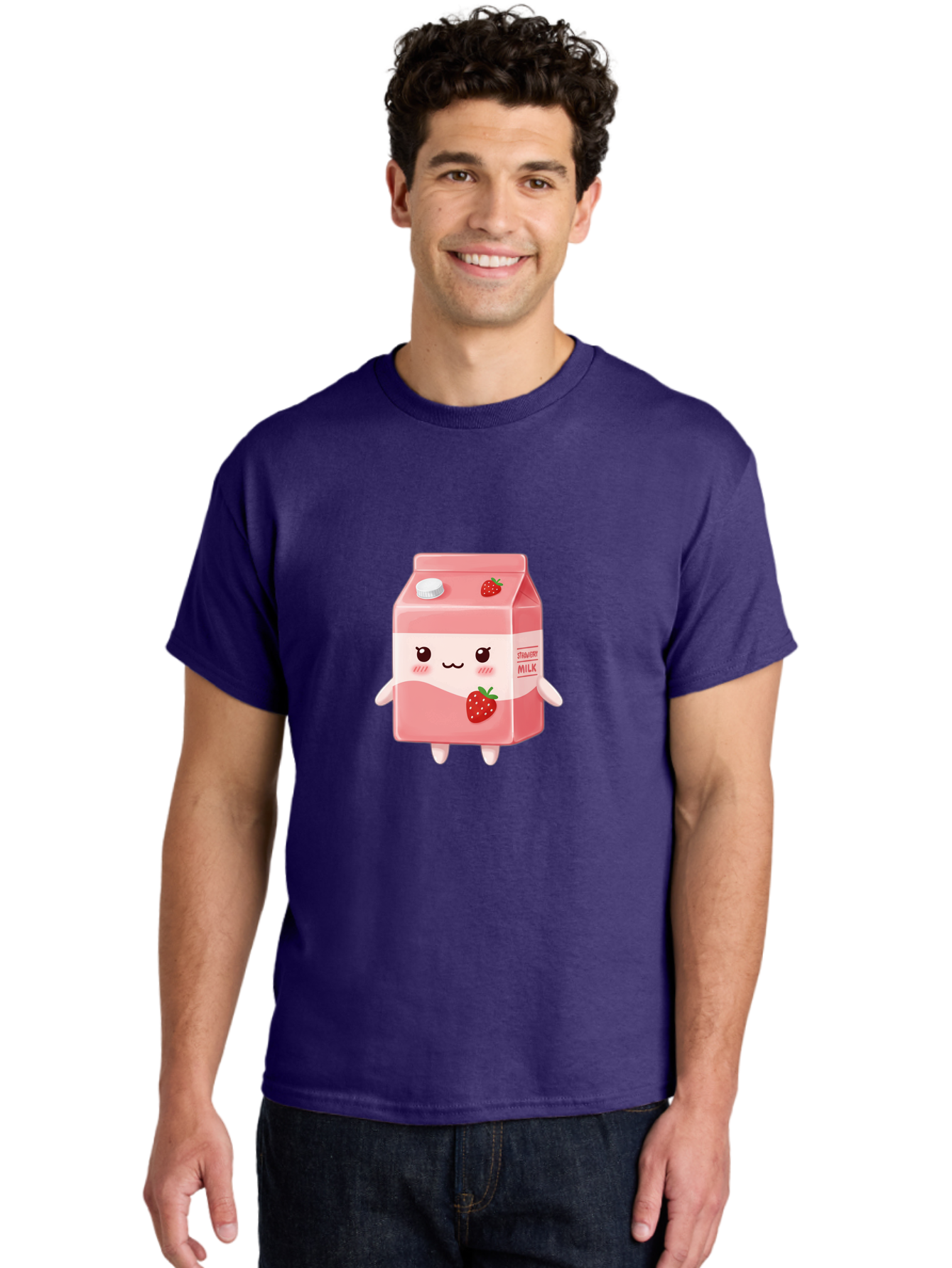Strawberry-Milk Men'S Graphic Tee, 100% Cotton, Comfortable Casual Summer Wear, Machine Washable, Strawberry Milk, Cartoon Character, Cute Illustration, Strawberry Flavor, Pink Milk, Kawaii Design, Animated Beverage, Strawberry Theme, Bae790