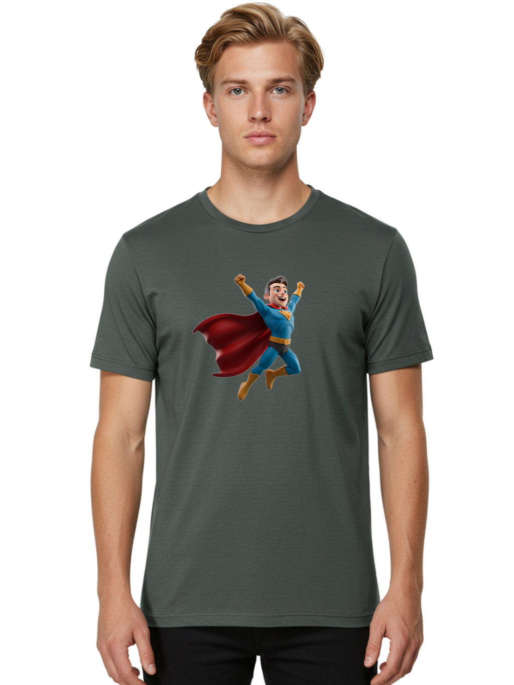 Superman Men'S Graphic Tee, 100% Cotton, Comfortable Casual Summer Wear, Machine Washable, Superhero Character, 3D Cartoon Man, Flying Superhero, Blue Costume, Red Cape, Yellow Emblem, Bold Hero, Dynamic Pose, Superhero Emblem, Comic Hero, Bae791