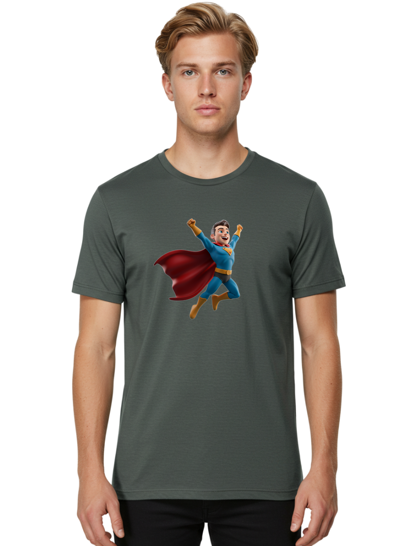 Superman Men'S Graphic Tee, 100% Cotton, Comfortable Casual Summer Wear, Machine Washable, Superhero Character, 3D Cartoon Man, Flying Superhero, Blue Costume, Red Cape, Yellow Emblem, Bold Hero, Dynamic Pose, Superhero Emblem, Comic Hero, Bae791