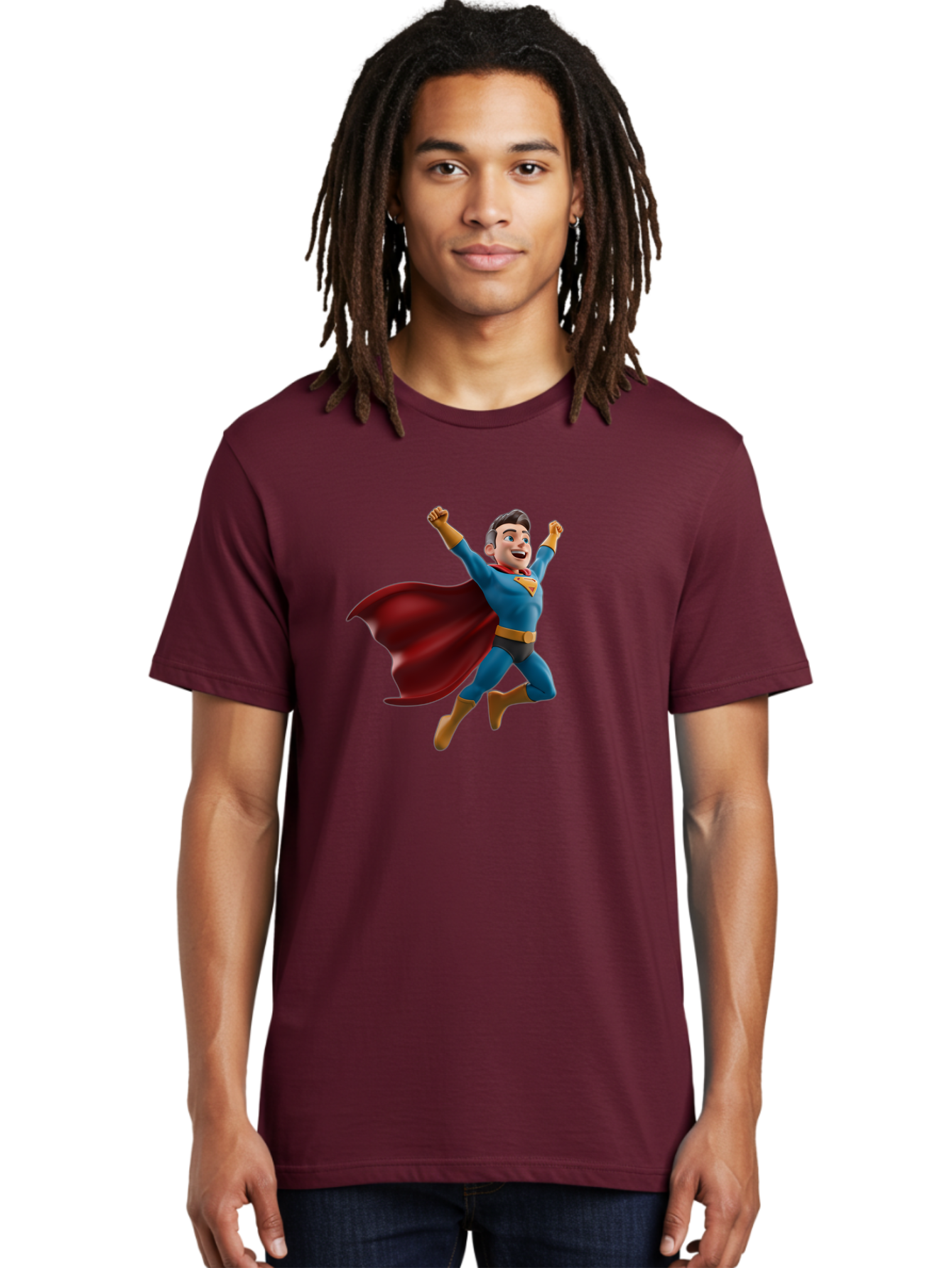 Superman Men'S Graphic Tee, 100% Cotton, Comfortable Casual Summer Wear, Machine Washable, Superhero Character, 3D Cartoon Man, Flying Superhero, Blue Costume, Red Cape, Yellow Emblem, Bold Hero, Dynamic Pose, Superhero Emblem, Comic Hero, Bae791