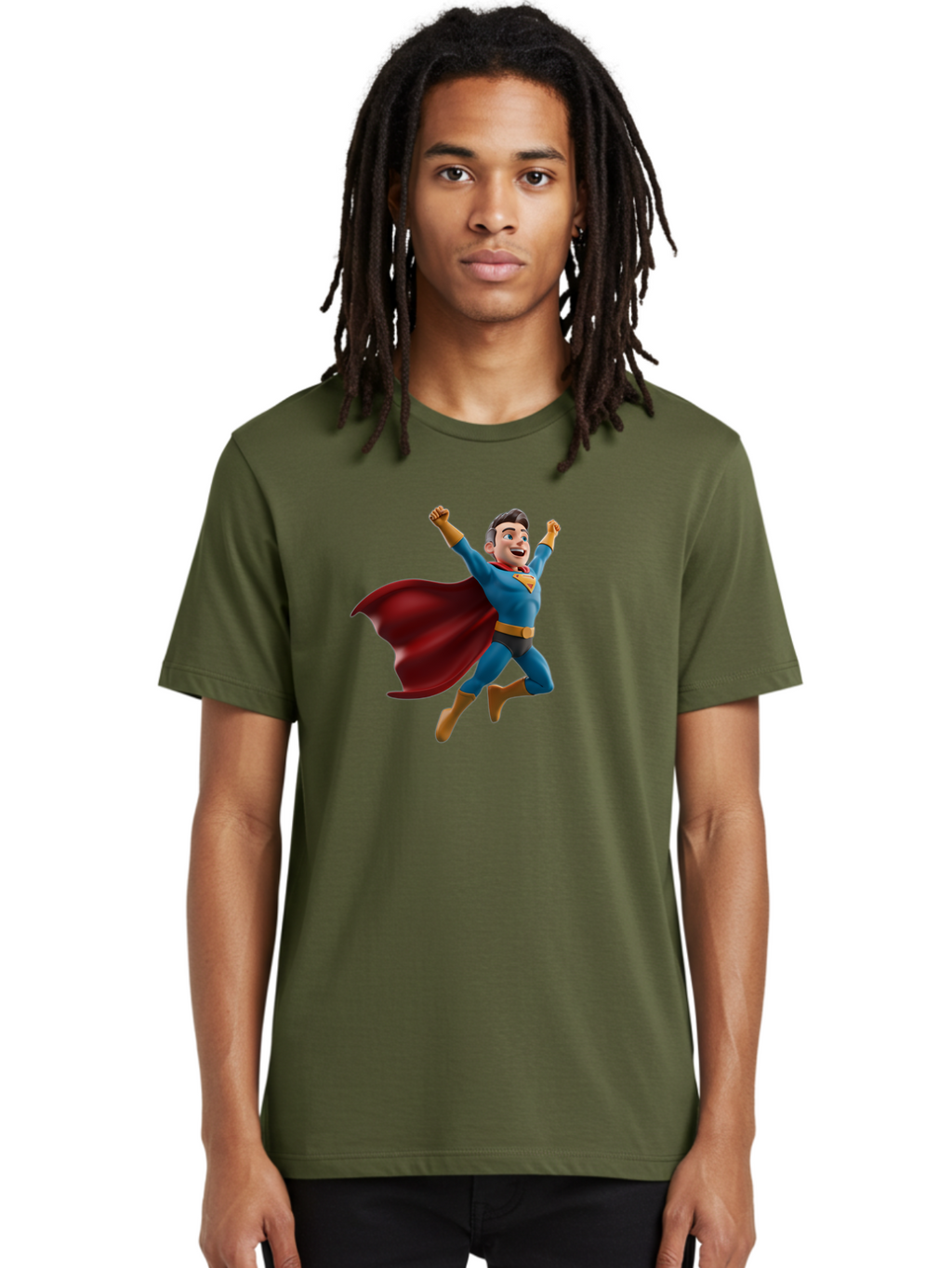 Superman Men'S Graphic Tee, 100% Cotton, Comfortable Casual Summer Wear, Machine Washable, Superhero Character, 3D Cartoon Man, Flying Superhero, Blue Costume, Red Cape, Yellow Emblem, Bold Hero, Dynamic Pose, Superhero Emblem, Comic Hero, Bae791